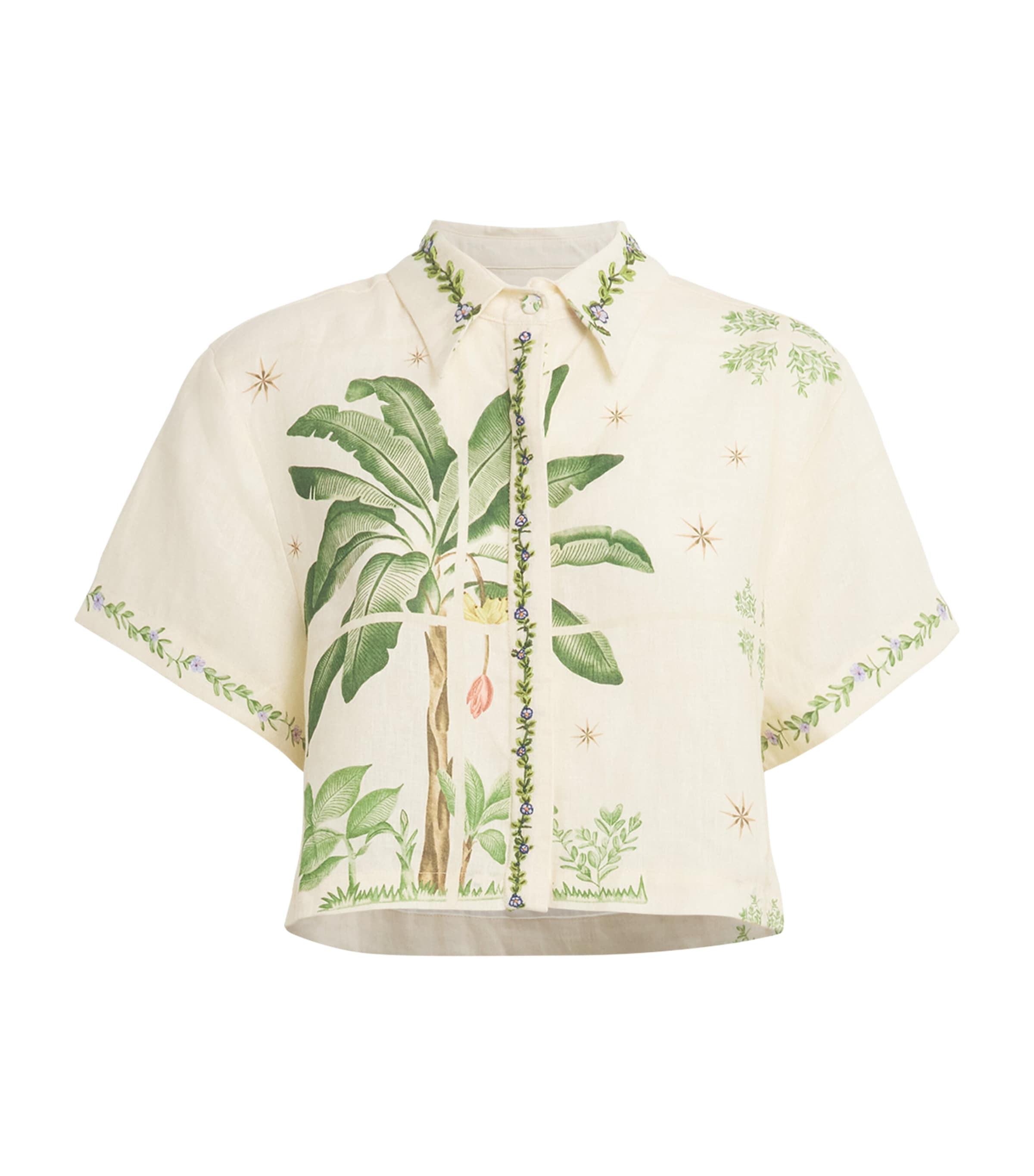 Agua By Agua Bendita Linen Embroidered Palm Print Shirt