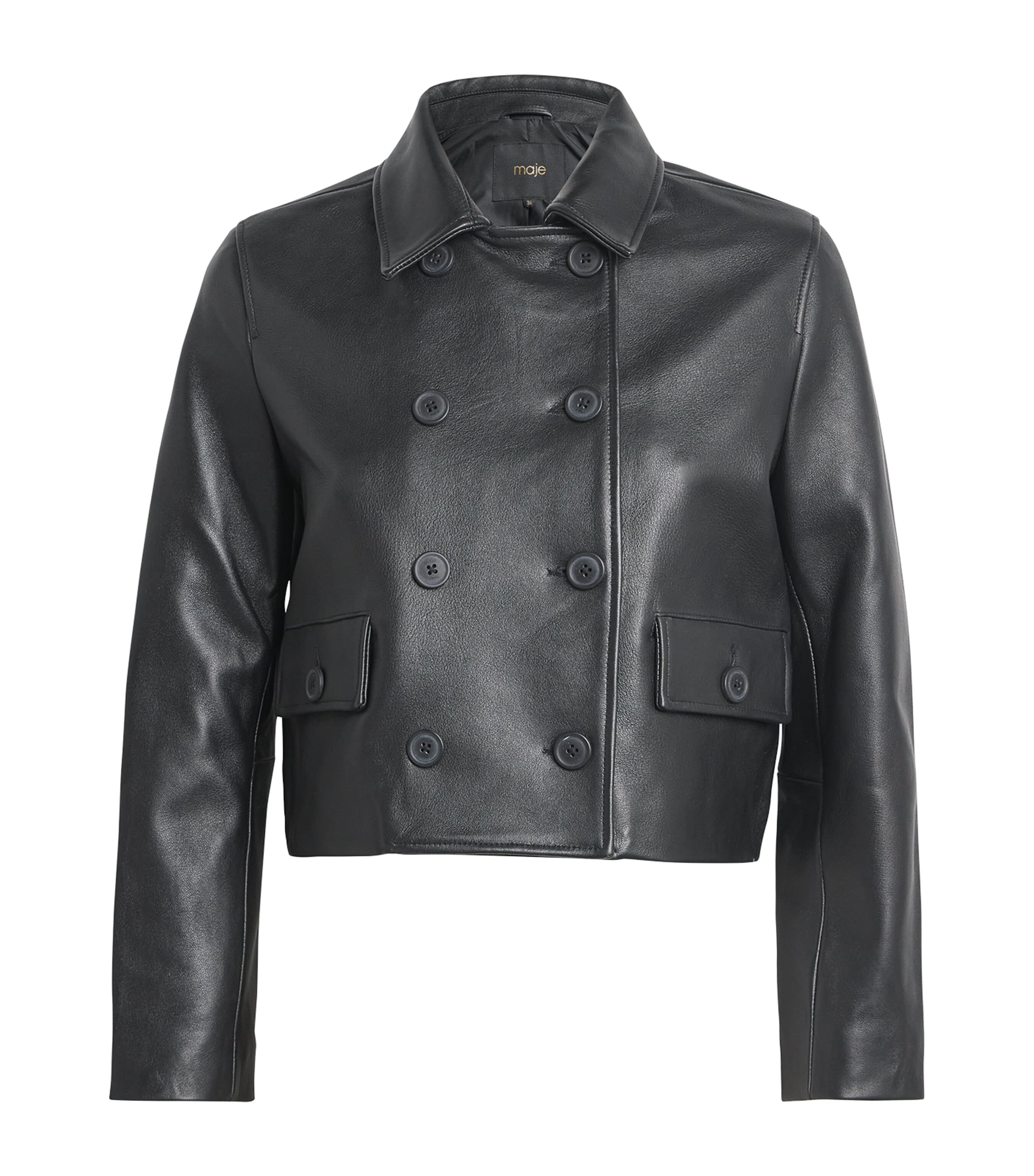 Maje Vaban Double-breasted Leather Blazer In Black