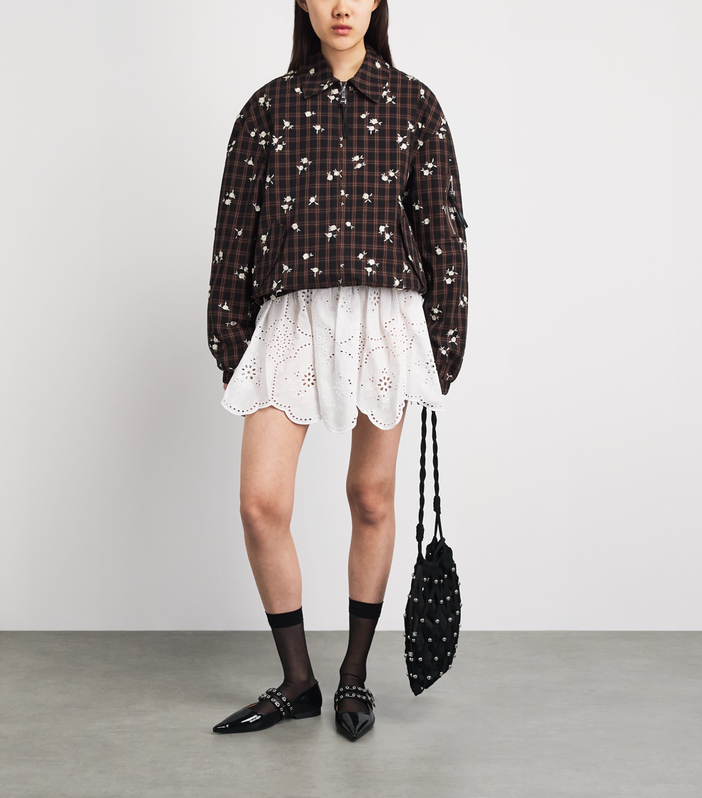 GANNI Womens Check Printed Bomber Jacket Cappuccino Image 2