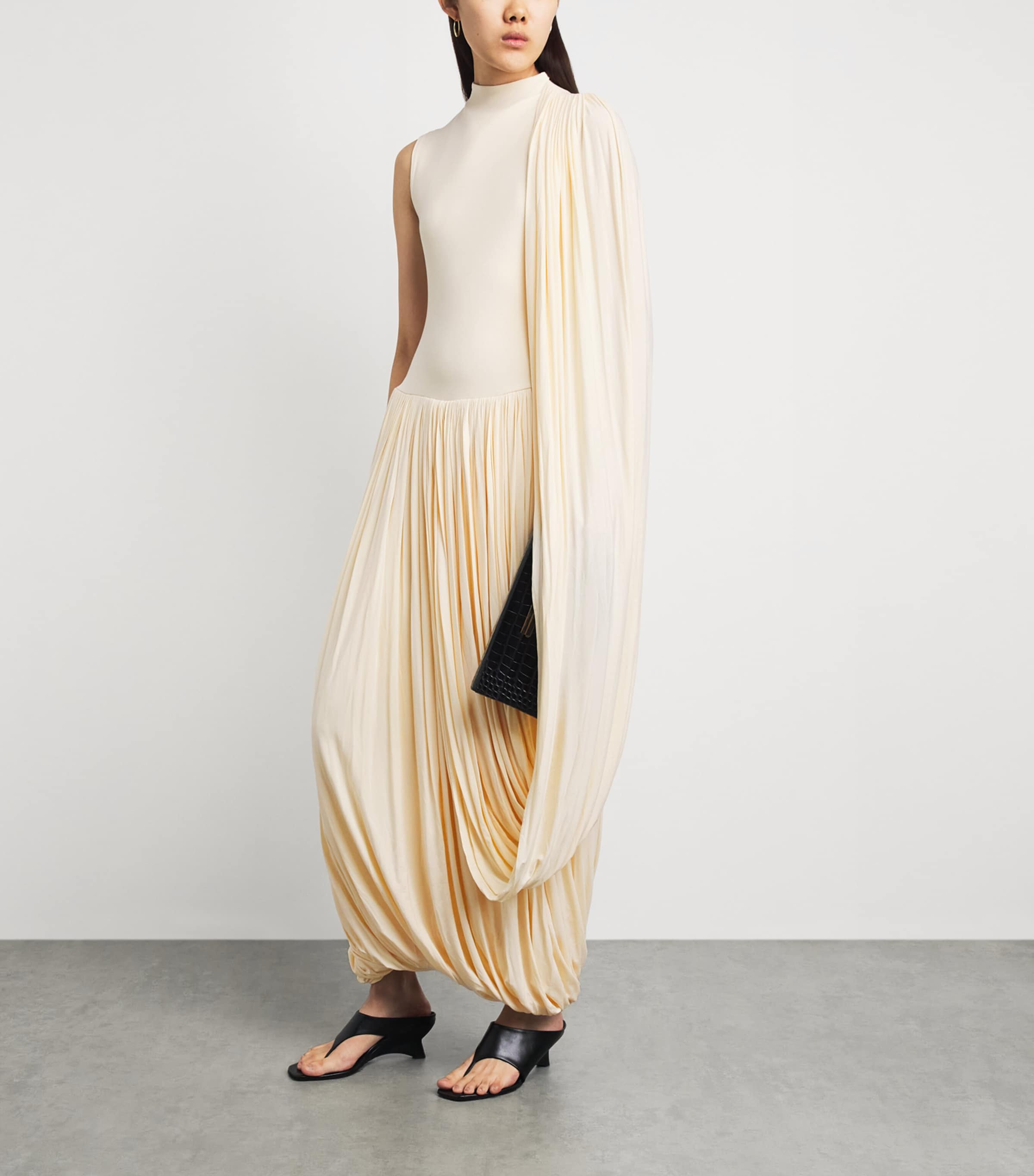 Abadia Womens High-Neck Draped Midi Dress Cream Image 2