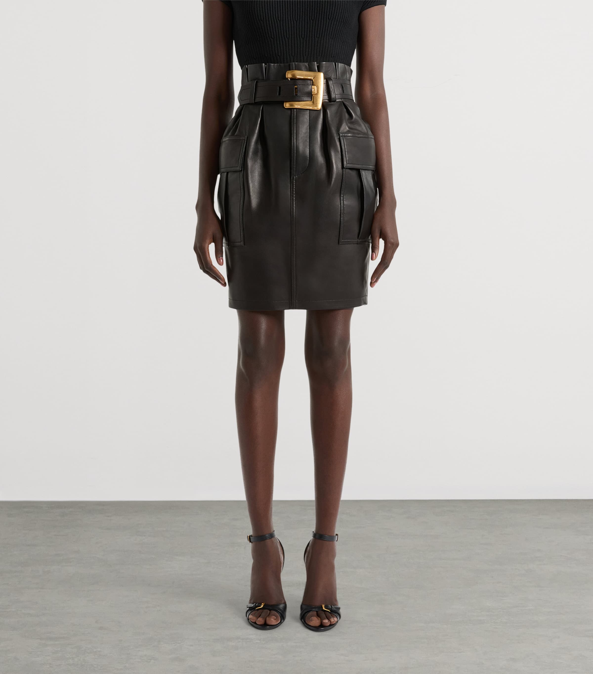 Balmain Womens Lambskin Belted Midi Skirt Noir Image 4