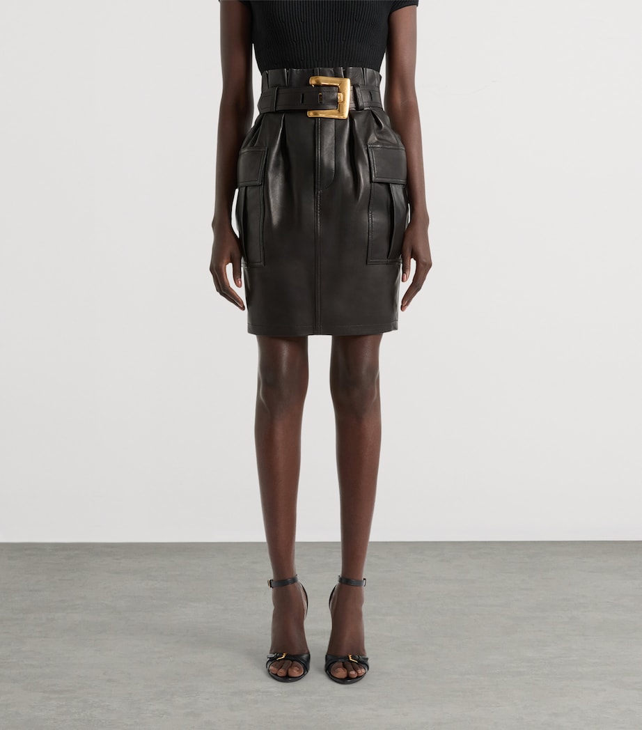 Balmain Womens Lambskin Belted Midi Skirt Noir Image 4