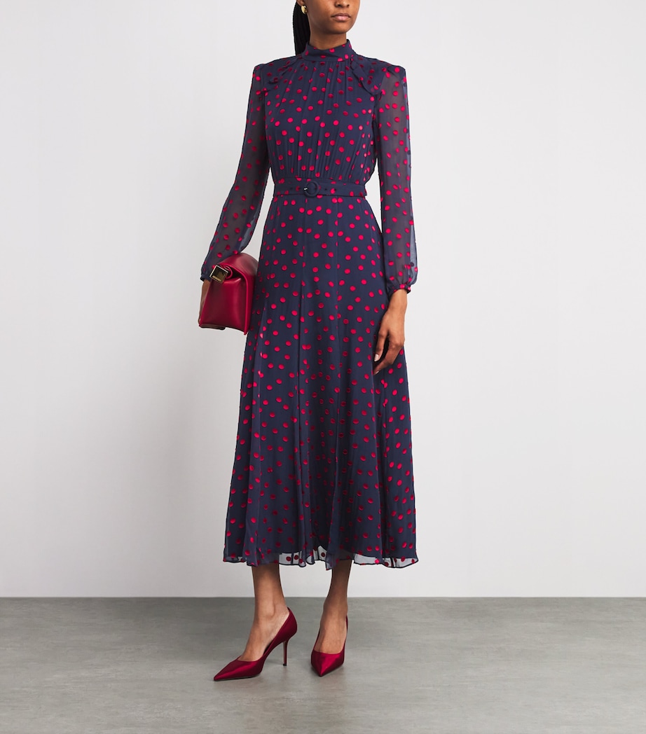 Saloni Womens Silk-Blend Devoré Polka Dot Jacqui B Midi Dress Navy Brght Rouge Image 2
