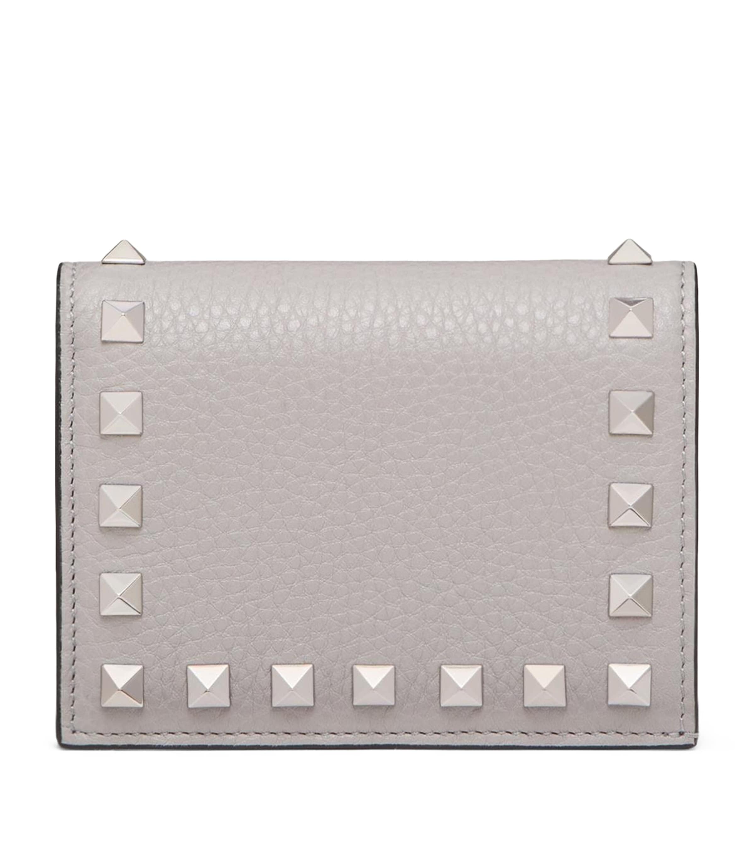 Valentino Leather Rockstud Flap Card Holder In Grey