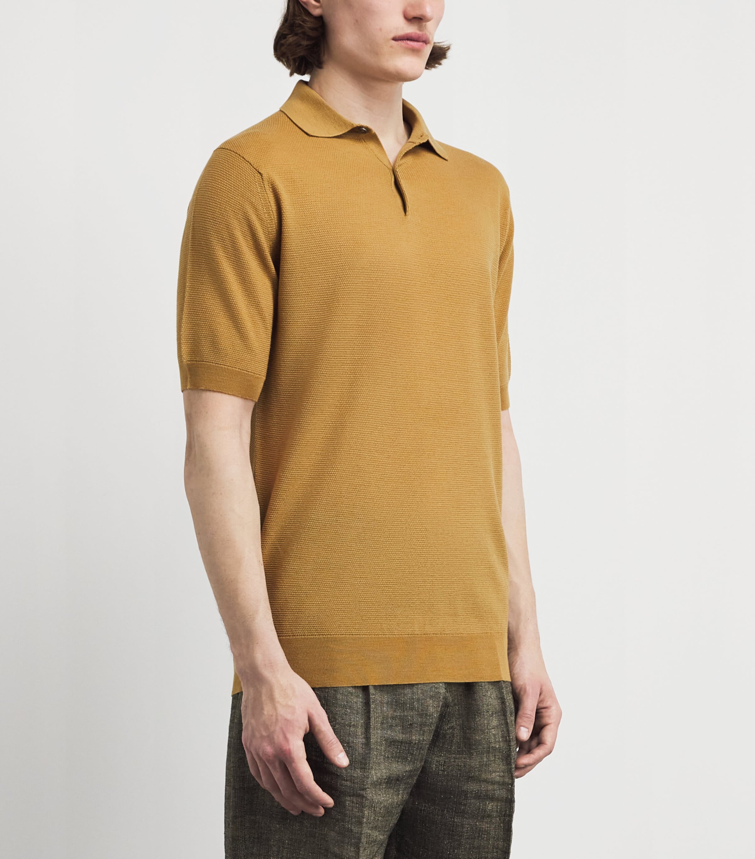 John Smedley Mens Merino Wool Textured Polo Shirt Yellow Lustre Image 4