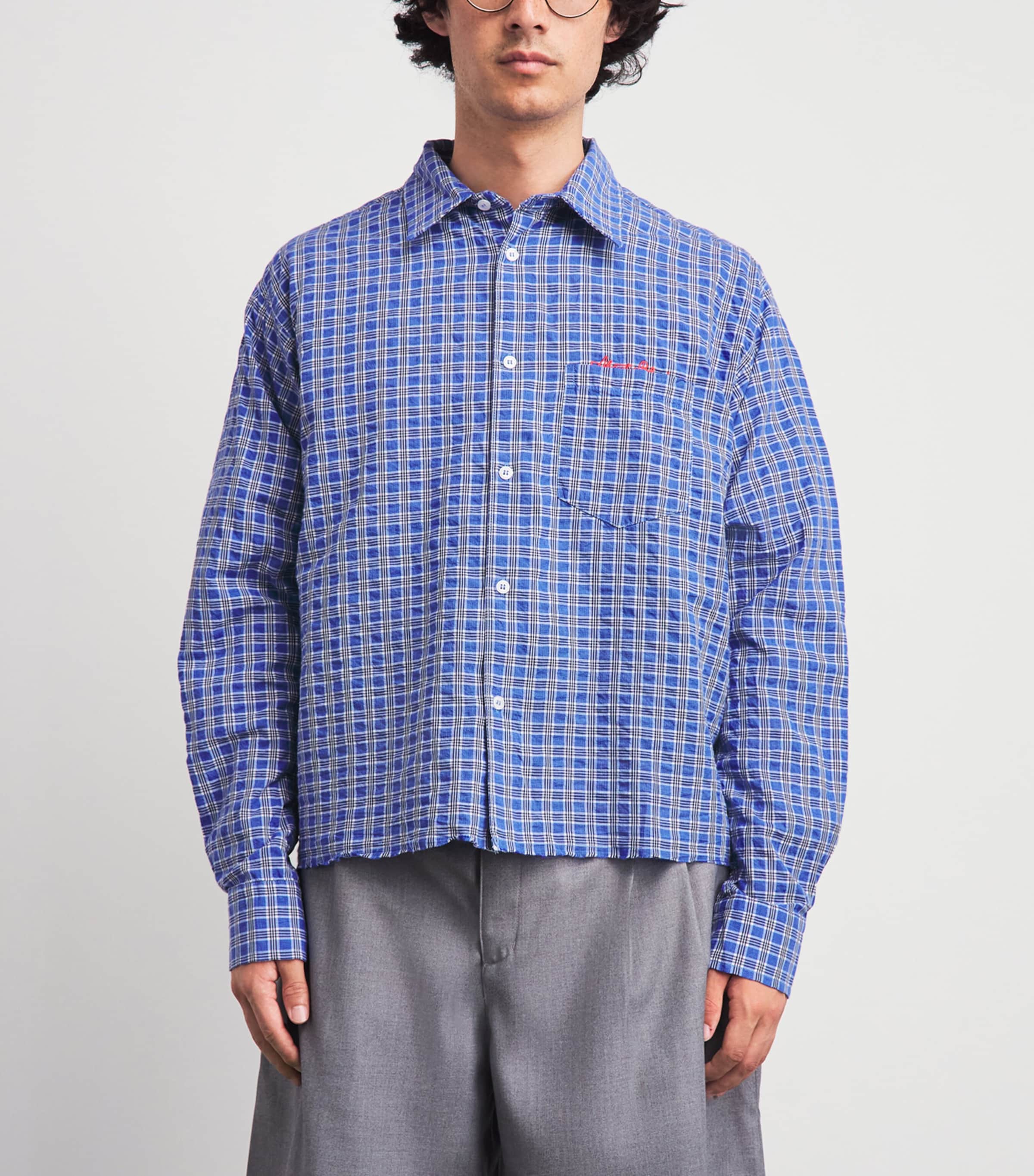 about:blank Mens Cotton Raw-Hem Check Shirt Blue Image 4