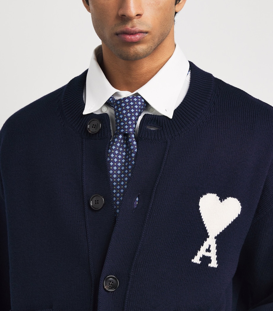 AMI Paris Mens Wool-Cotton Ami de Coeur Cardigan Encre/ecru Image 3