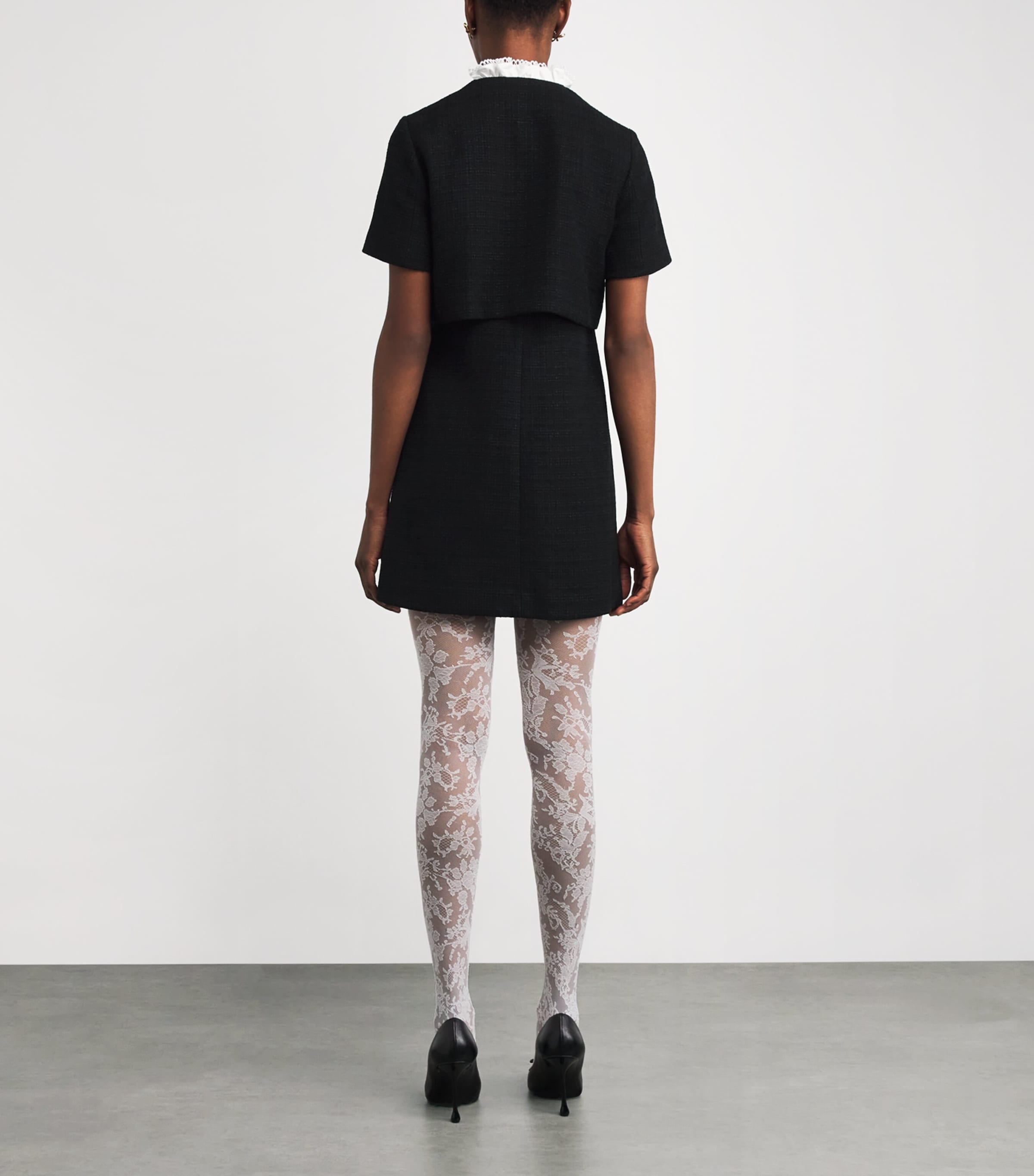 ワンピース sheer x tweed ruffle mini dress Sandro Paris Black Tweed Ruffle-Collar Mini Dress | Harrods US