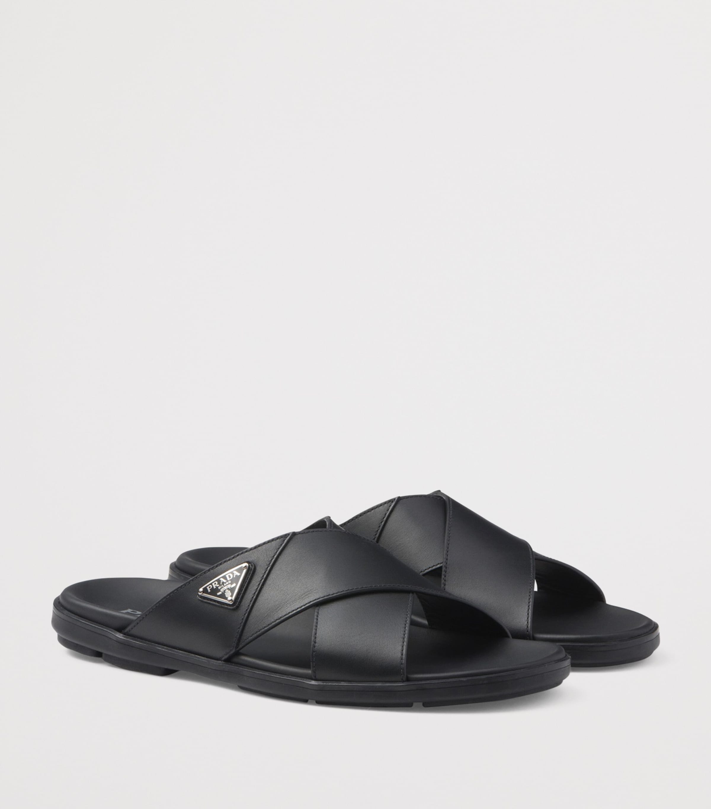 Prada Leather Crisscross Logo Slides Image 3