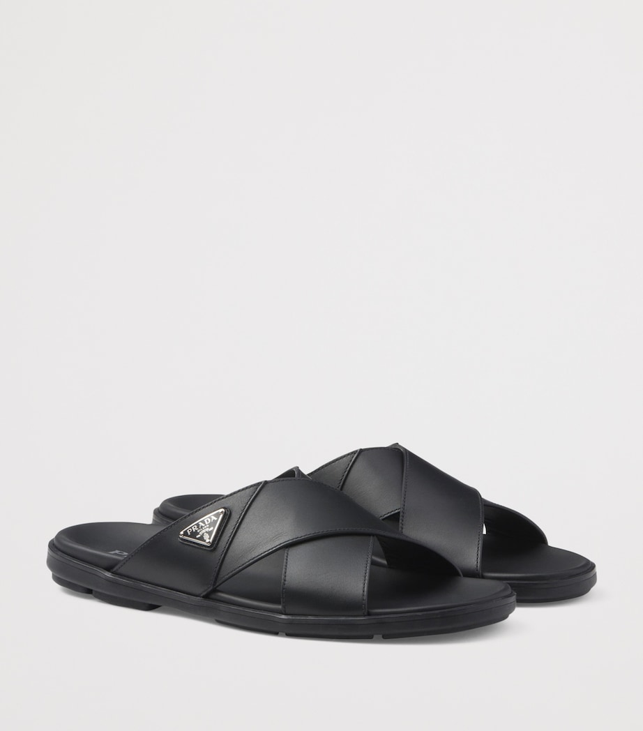 Prada Leather Crisscross Logo Slides Image 3