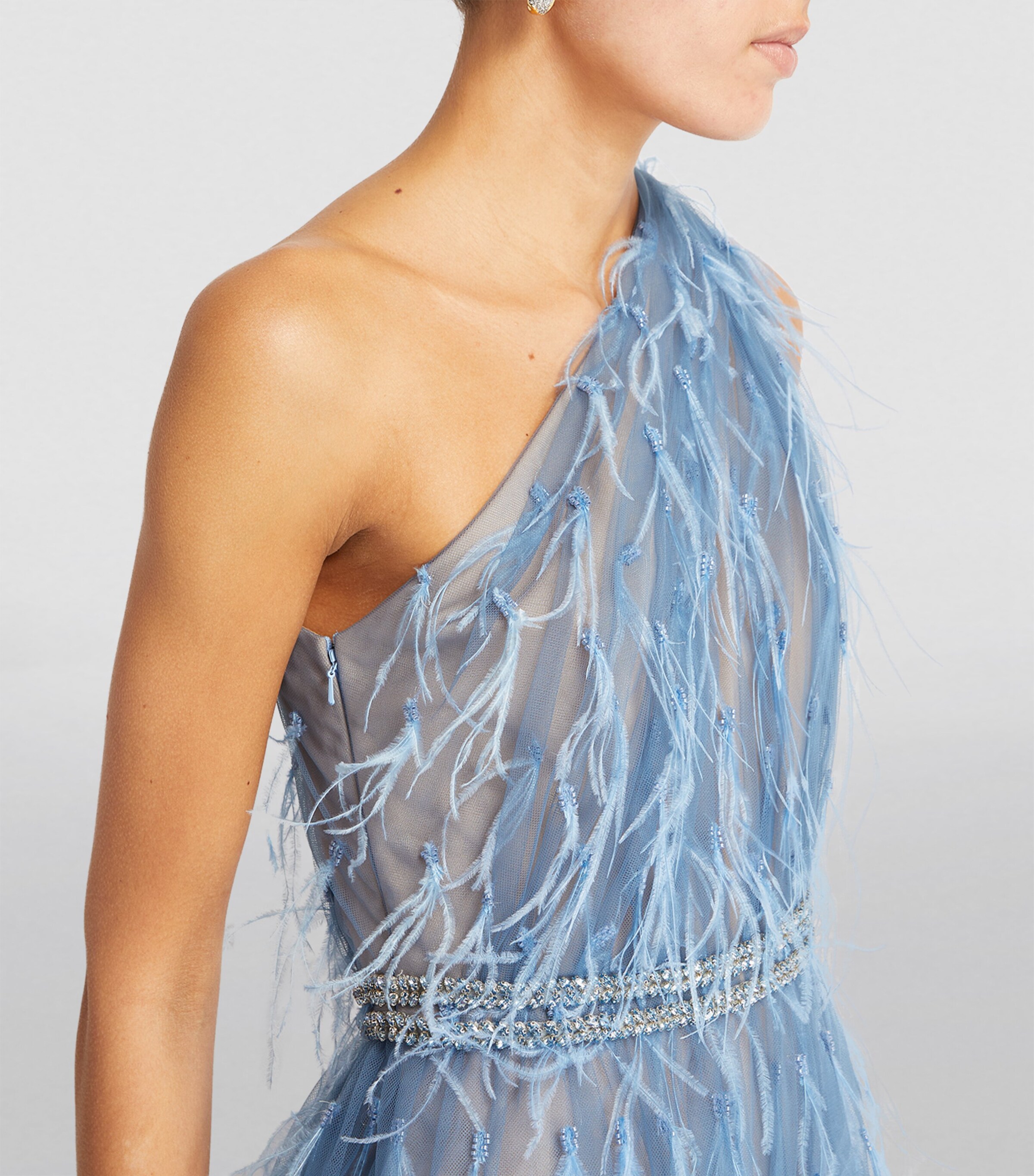 Marchesa Blue Feather-Detail One-Shoulder Midi Dress | Harrods JO