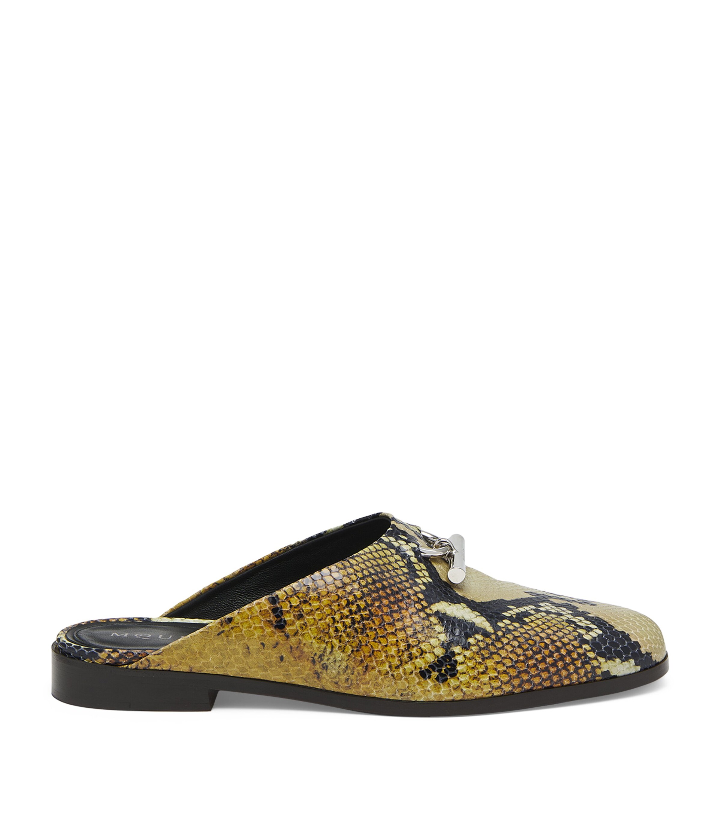 McQueen Leather Snake Print T-Bar Mules | Women Shoes | Flats | Mules | Flat Mules | Designers | McQueen | Women Trending Now | Shoes