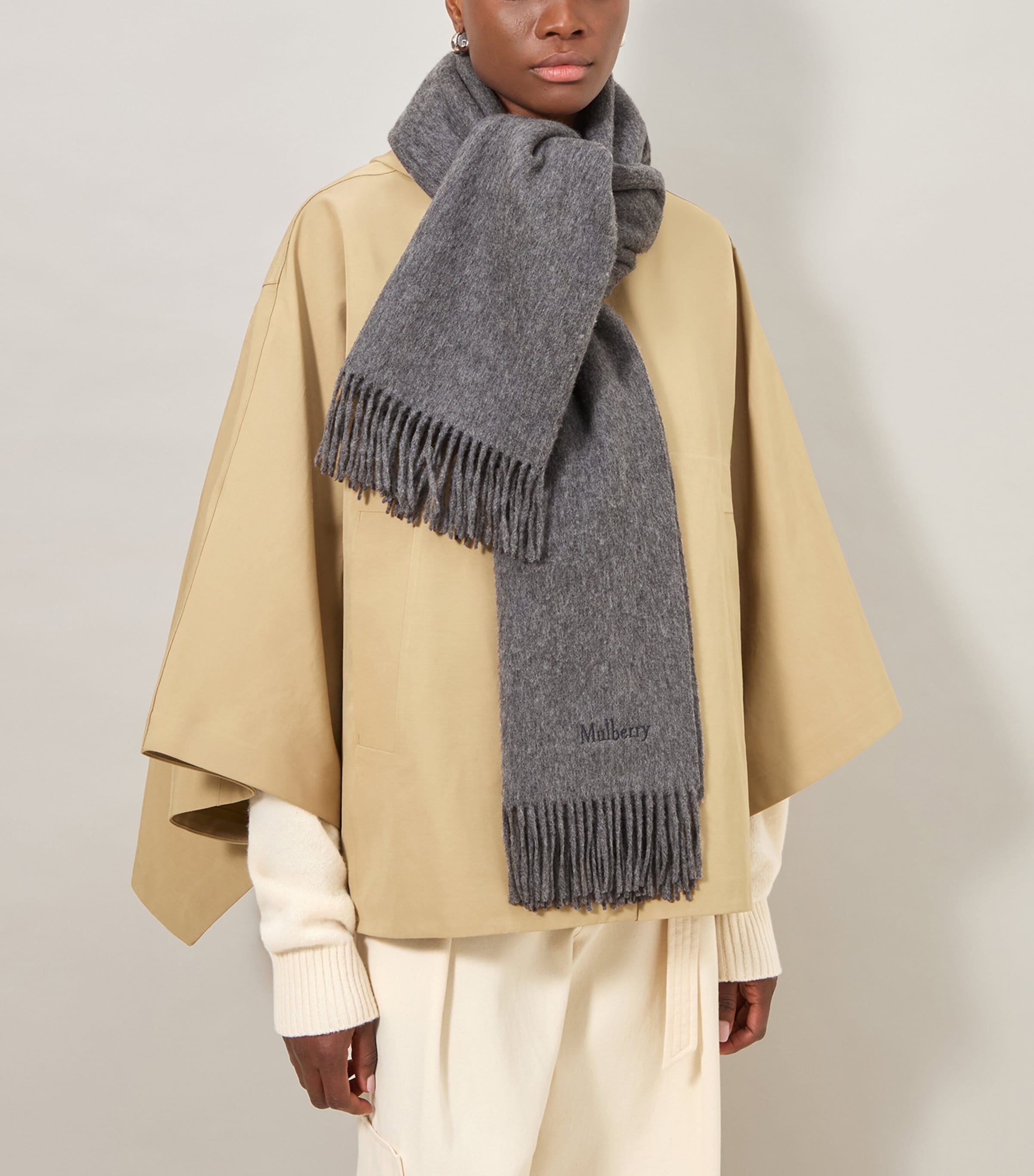 Mulberry Merino Wool Scarf Grey Melange Image 2