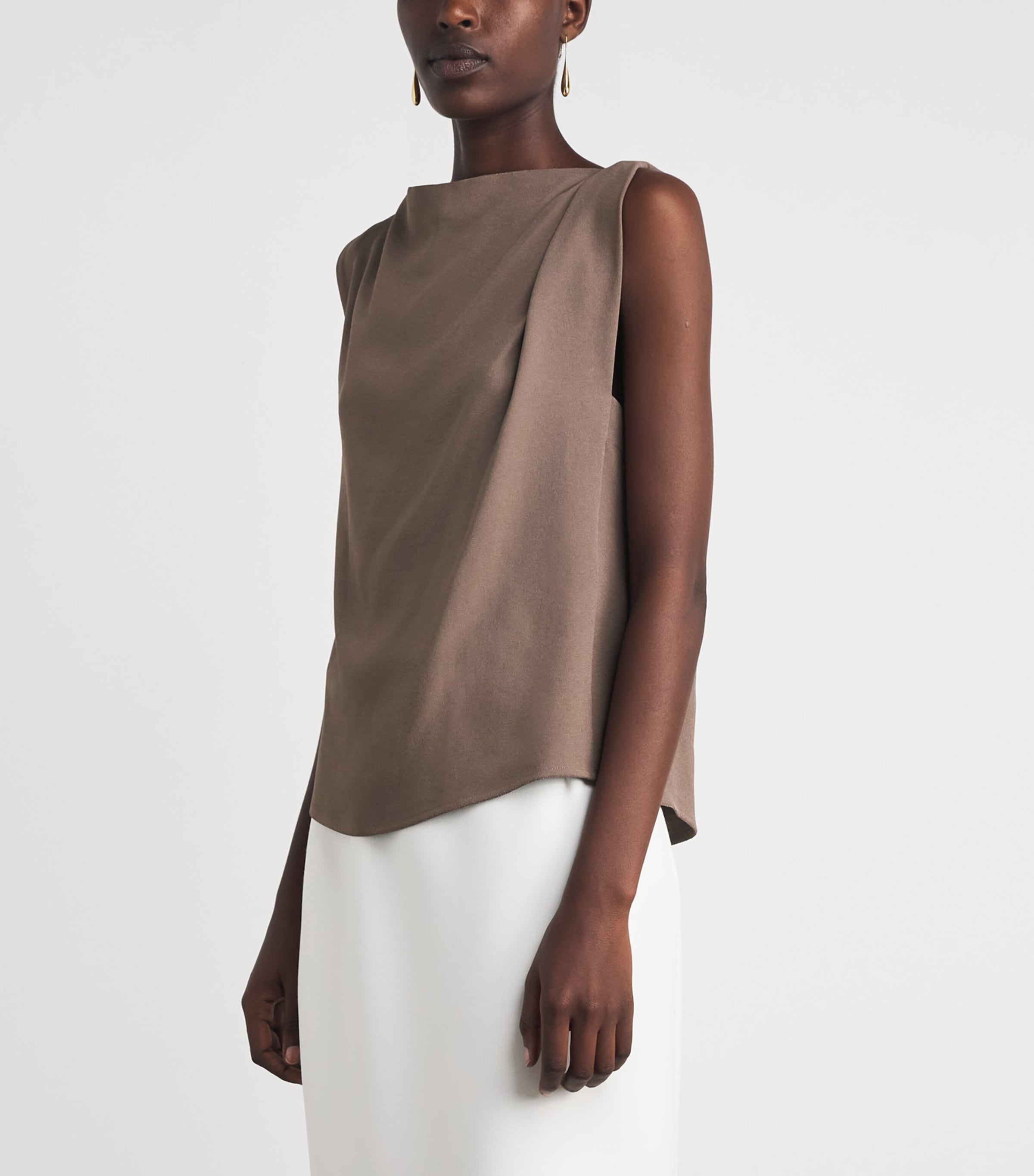 Vince Womens Crepe Draped-Shoulder Top Taupe Haze Image 4