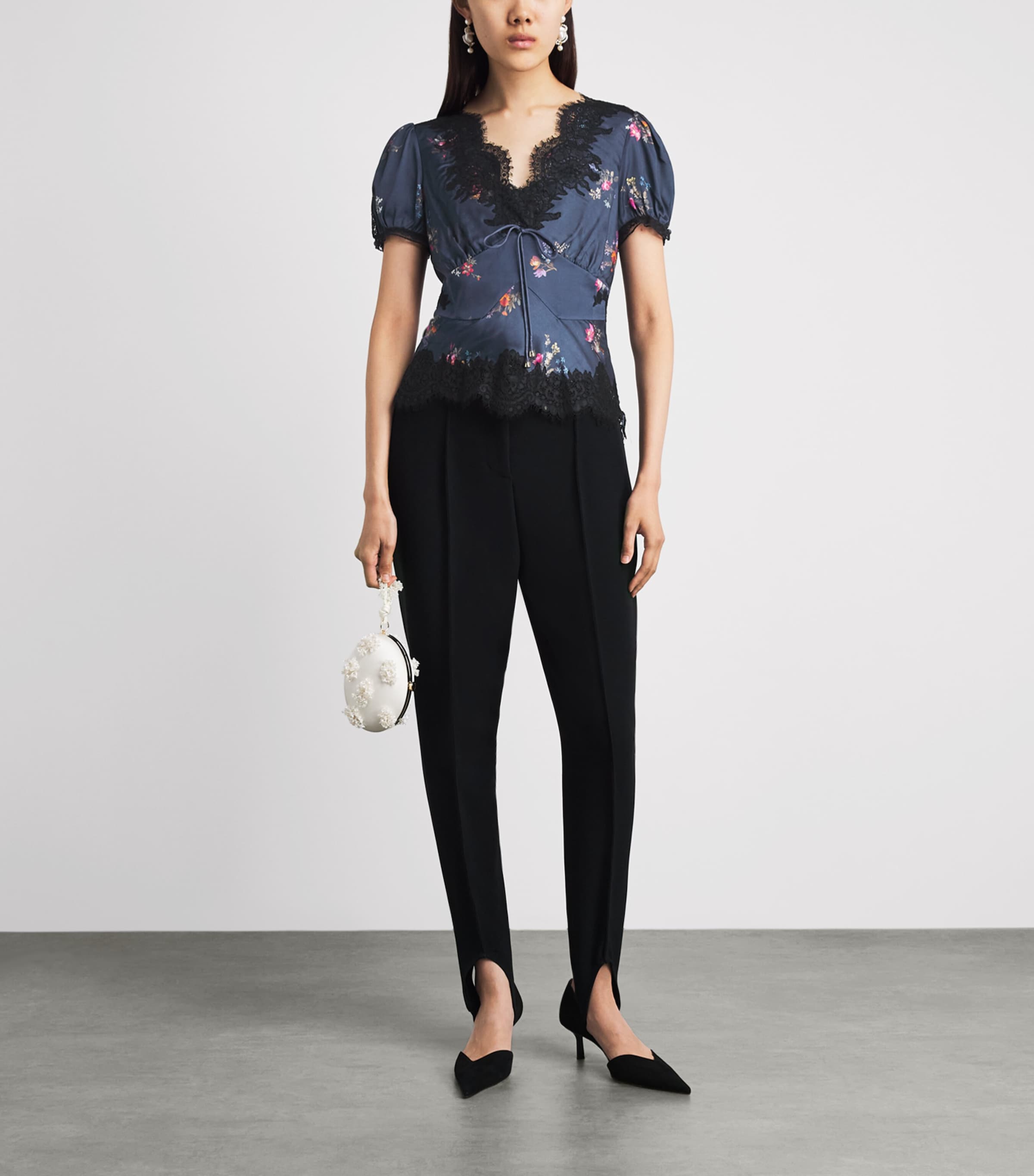 Self-Portrait Womens Satin-Lace Floral Blouse Navy Image 2