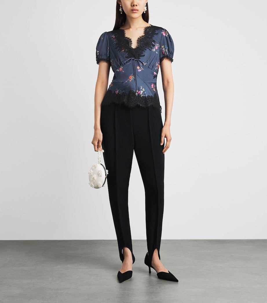 Self-Portrait Womens Satin-Lace Floral Blouse Navy Image 2