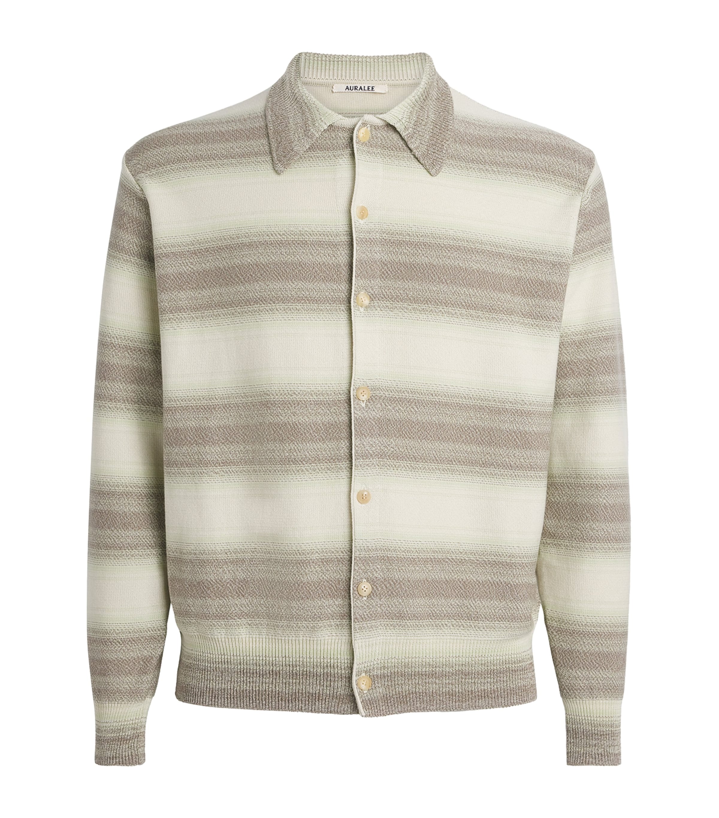 Auralee Mens Cotton-Silk Striped Cardigan Lime Gray Stripe Image 1
