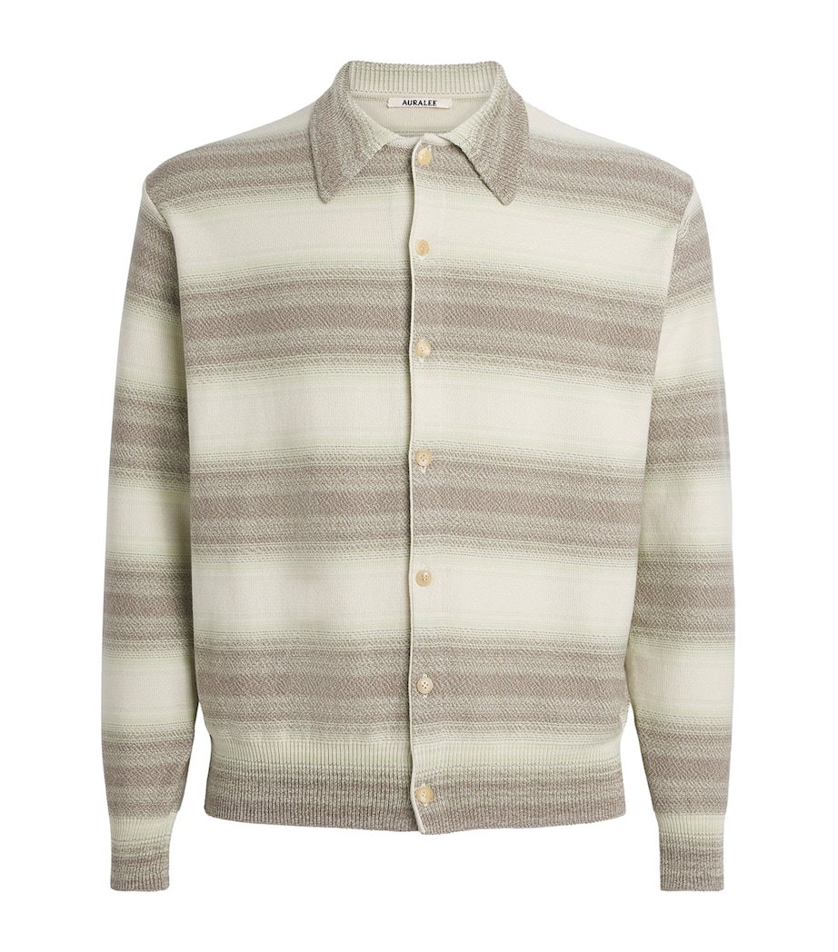 Auralee Mens Cotton-Silk Striped Cardigan Lime Gray Stripe Image 1