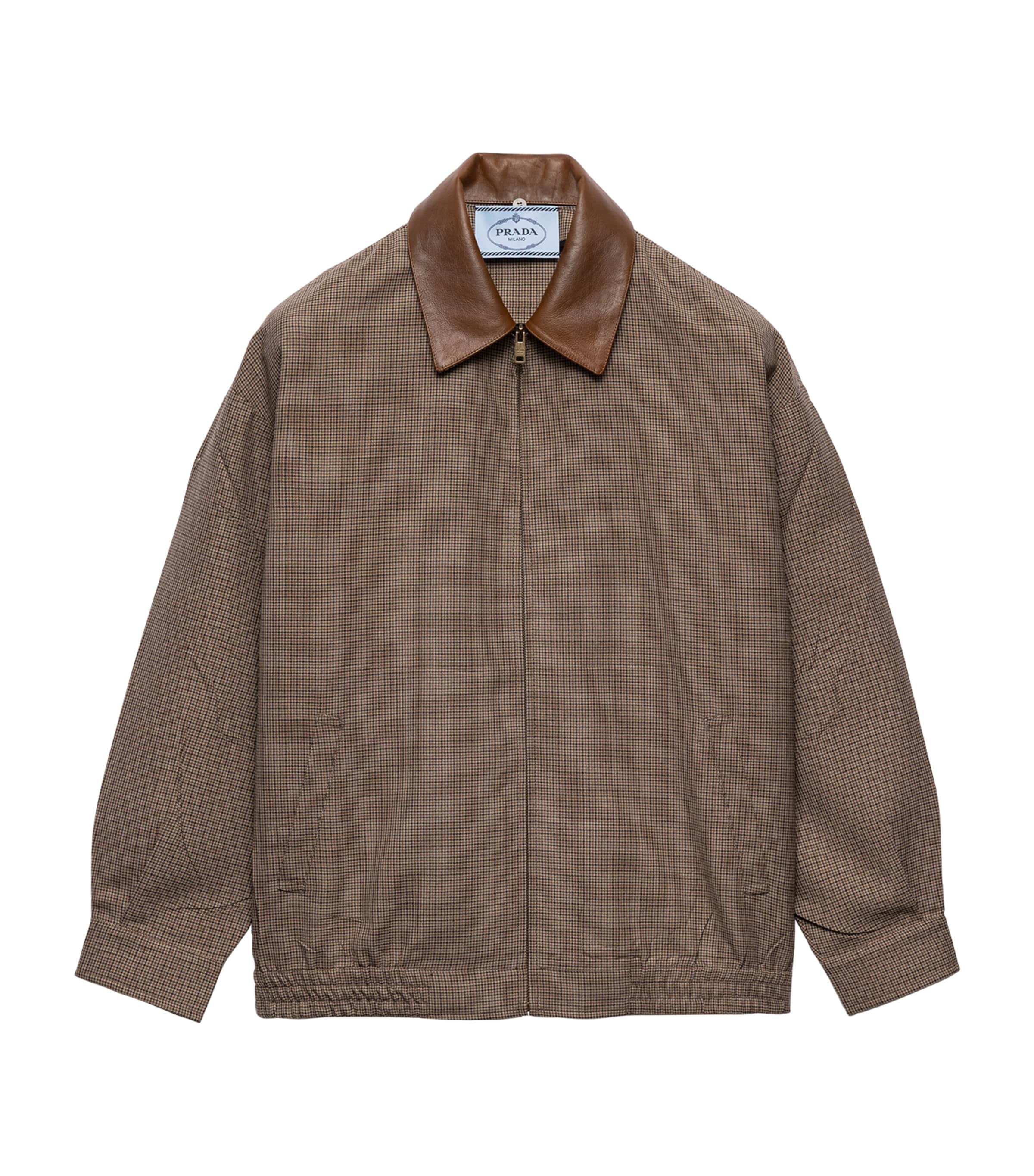 Prada Womens Wool Houndstooth Leather-Collar Jacket Brown Image 1