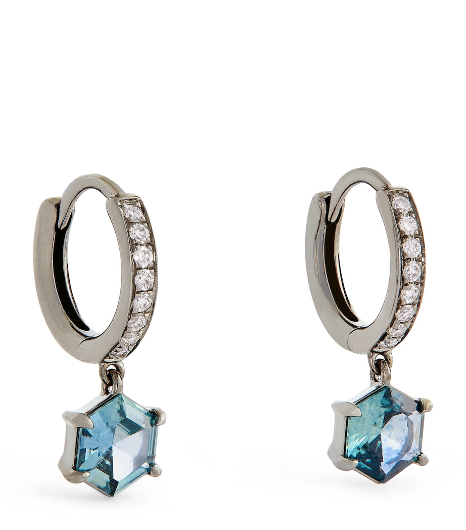 Blackened White Gold, Diamond and Sapphire Offset Hoop Earrings WHITE GOLD Image 1