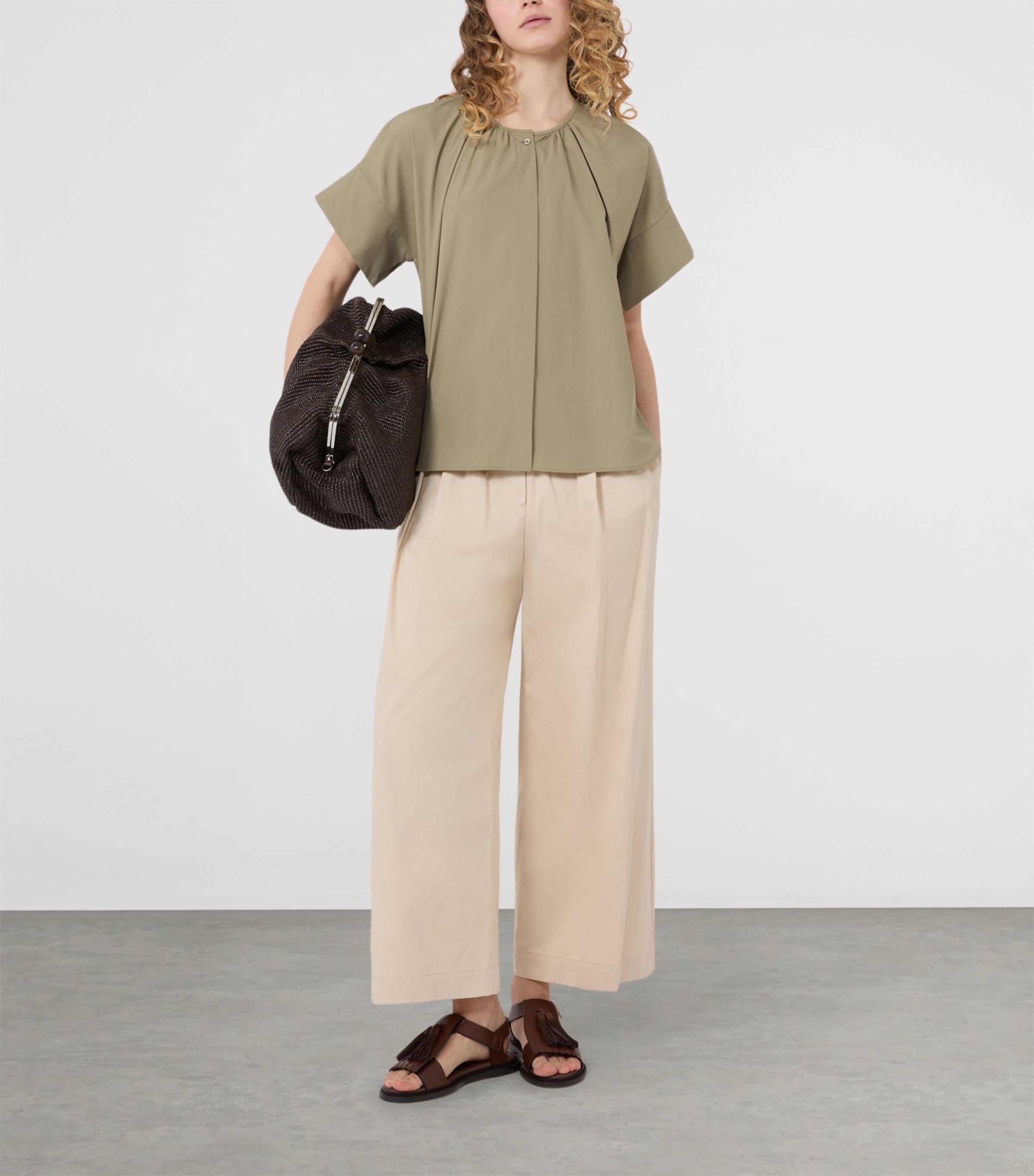 Weekend Max Mara Womens Cotton Cropped Wide-Leg Trousers Beige Image 4