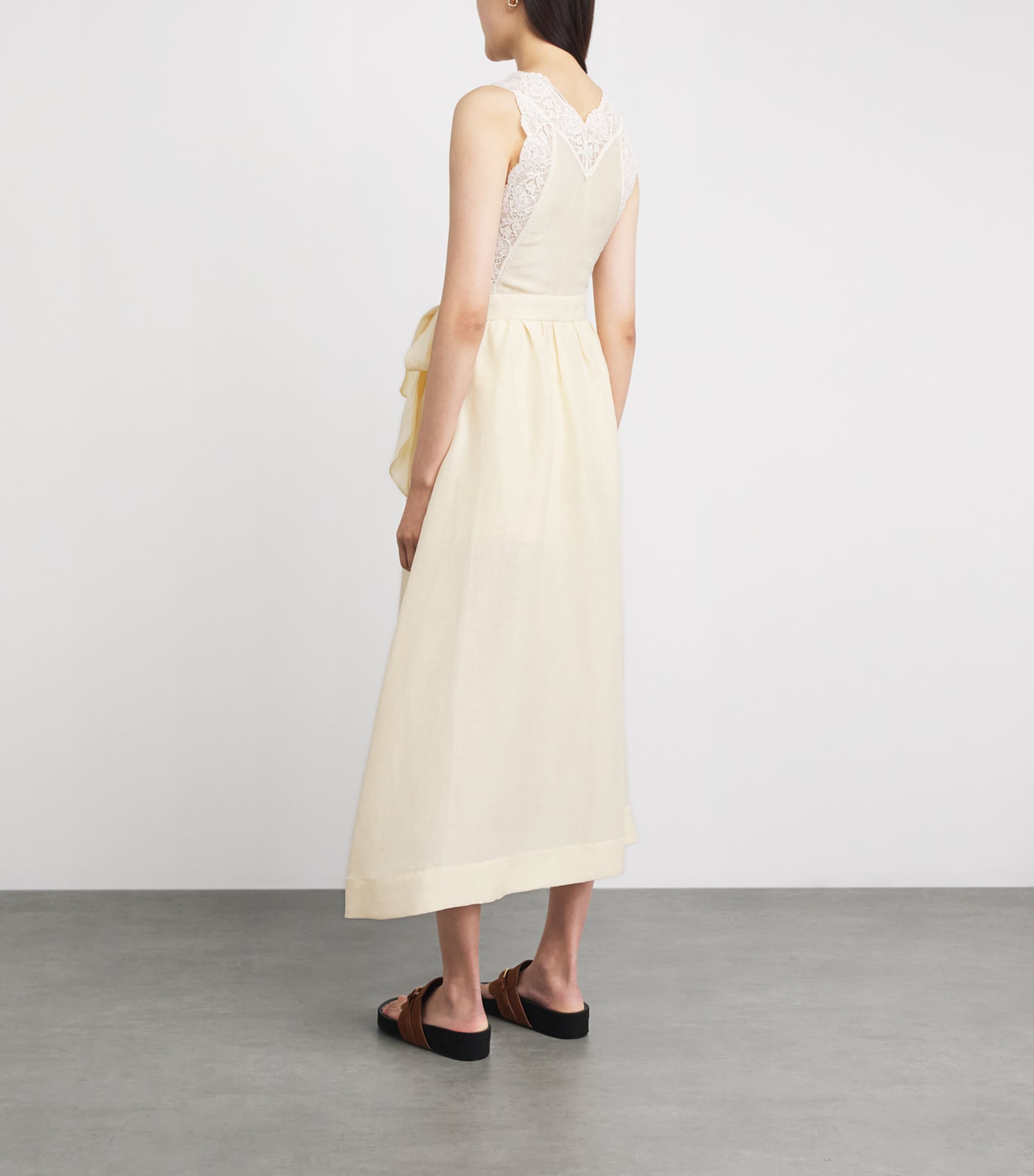 Sandro Paris Womens Linen-Blend Lace-Trim Midi Dress Vanilla Image 4