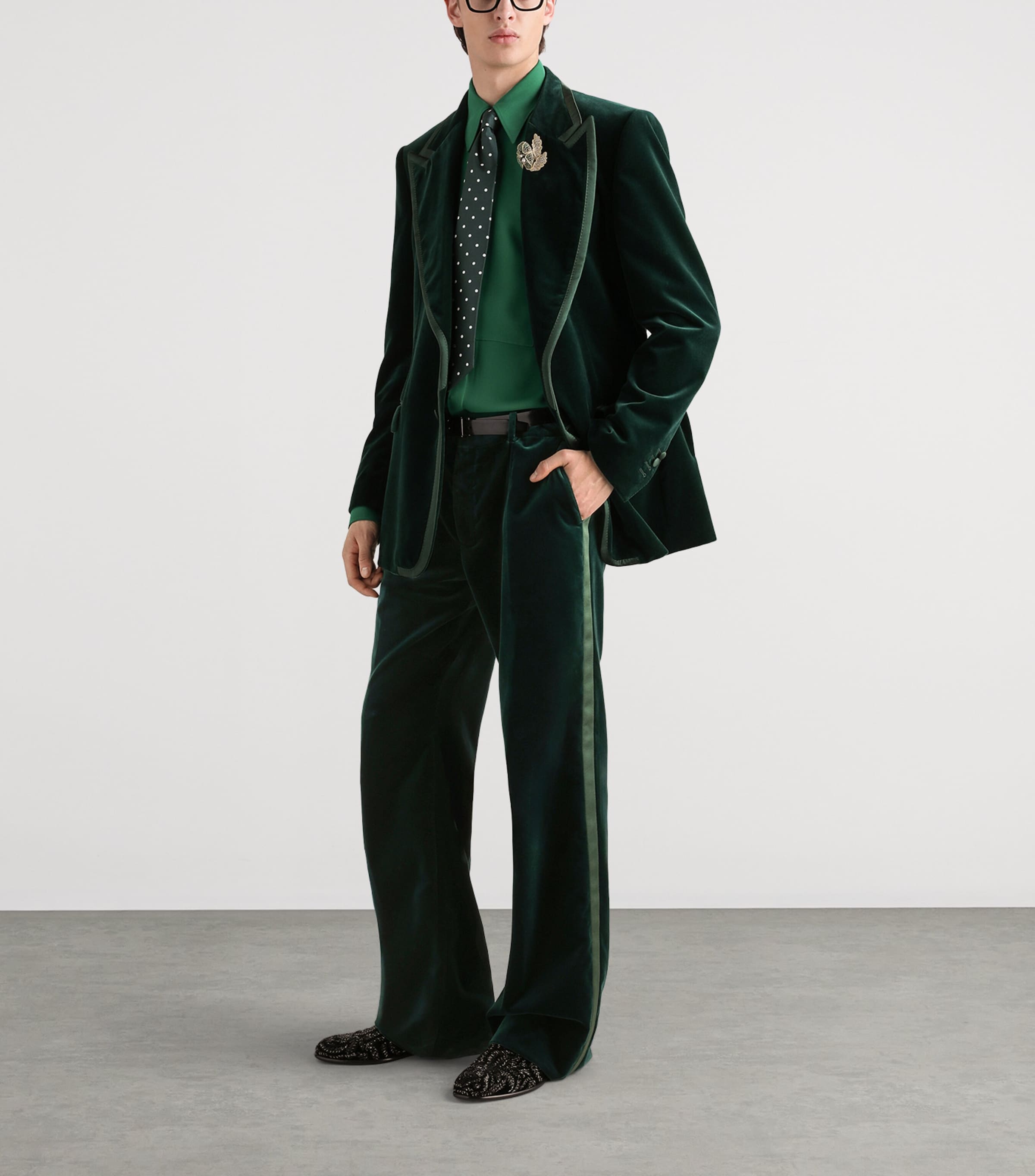 Dolce&Gabbana Mens Velvet Single-Breasted Blazer Dark Green Image 2