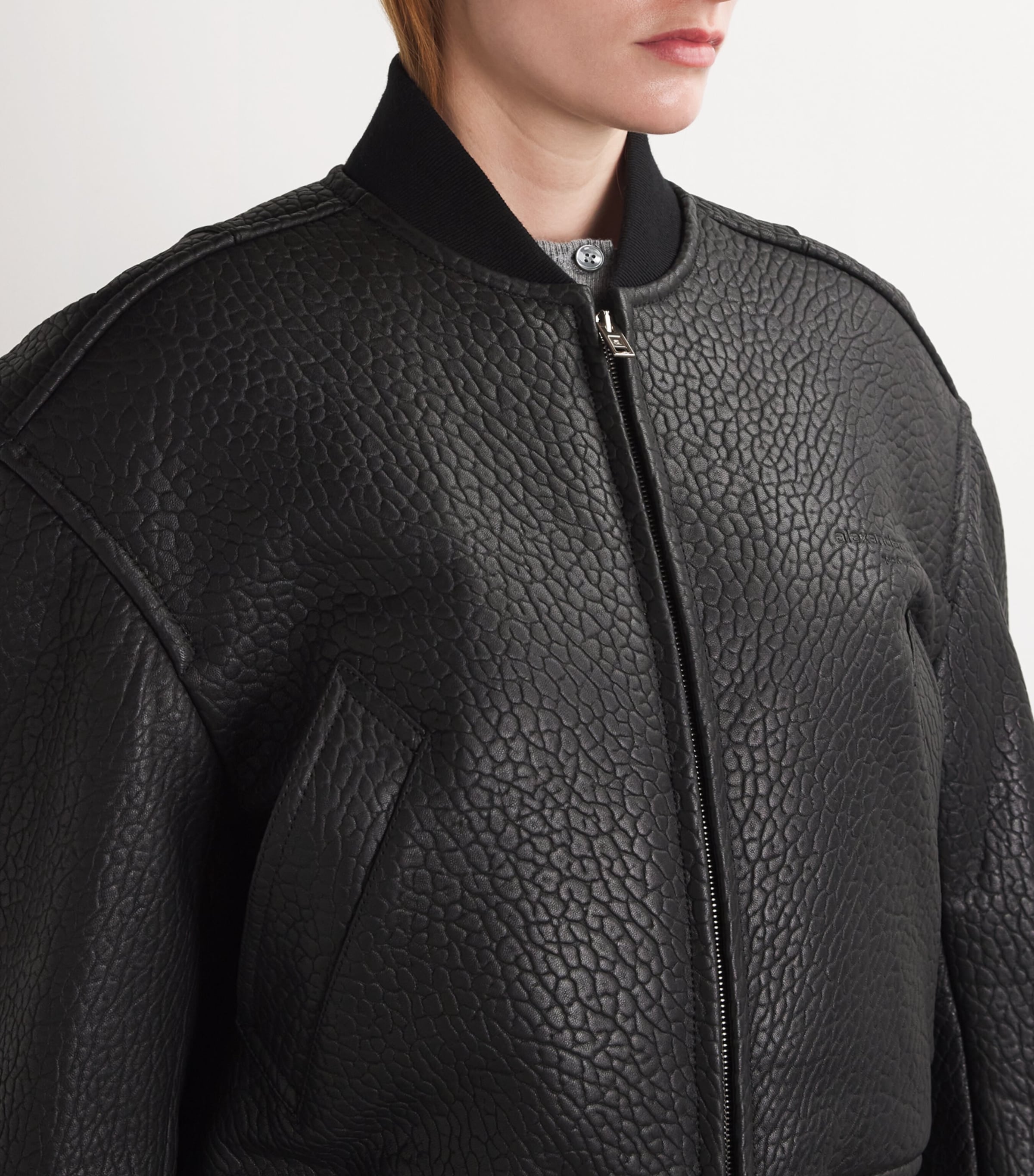 Lambskin Cropped Bomber Jacket 001BLACK Image 6