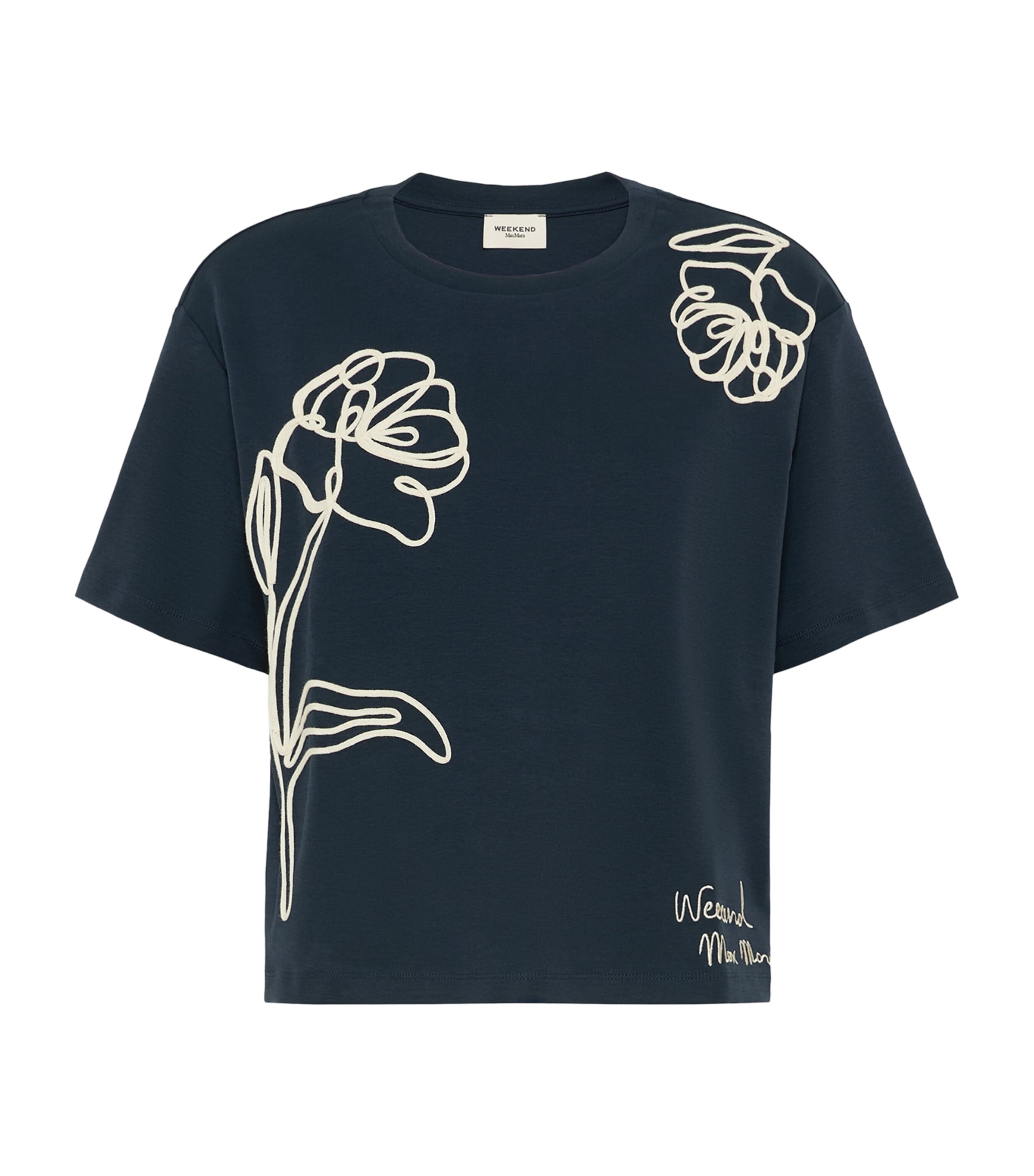 Weekend Max Mara Womens Cotton Embroidered Flower T-Shirt Navy Image 1