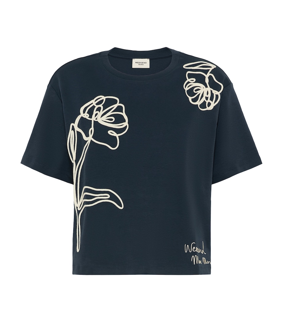 Weekend Max Mara Womens Cotton Embroidered Flower T-Shirt Navy Image 1