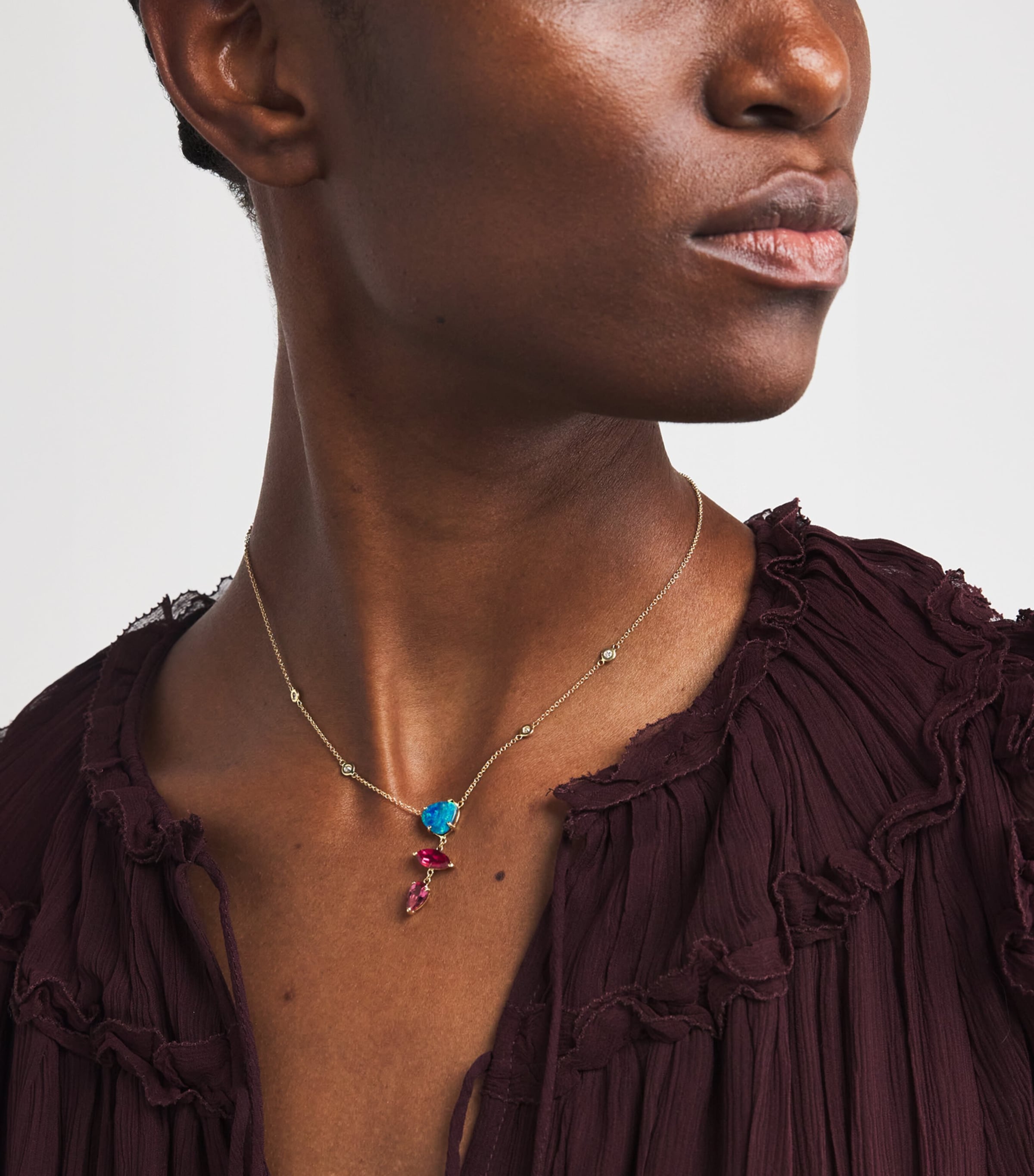 Yellow Gold, Diamond, Tourmaline and Opal Freeform 4-Step Necklace YELLOW GOLD Image 2