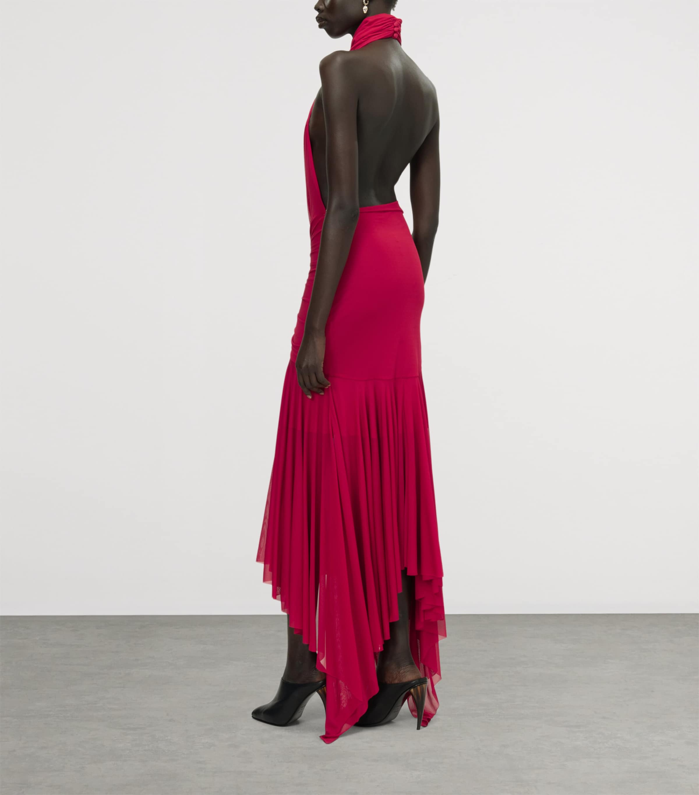 McQueen Red Asymmetric Draped Maxi Dress | Harrods UK
