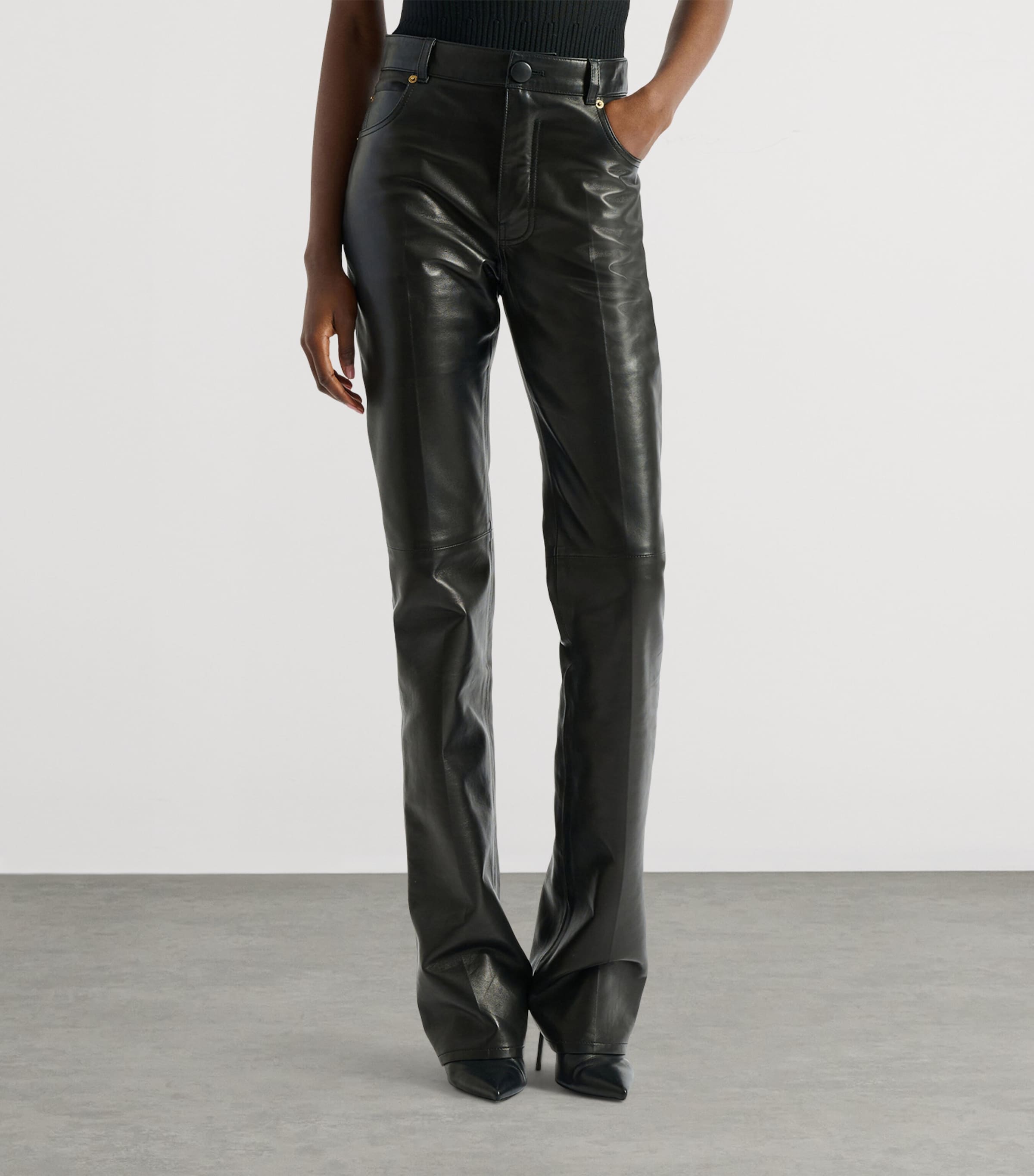 Balmain Womens Leather Slim Trousers Noir Image 3
