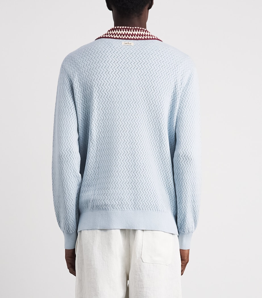 Drôle de Monsieur Mens Openwork-Knit Polo Shirt Light Blue Image 5
