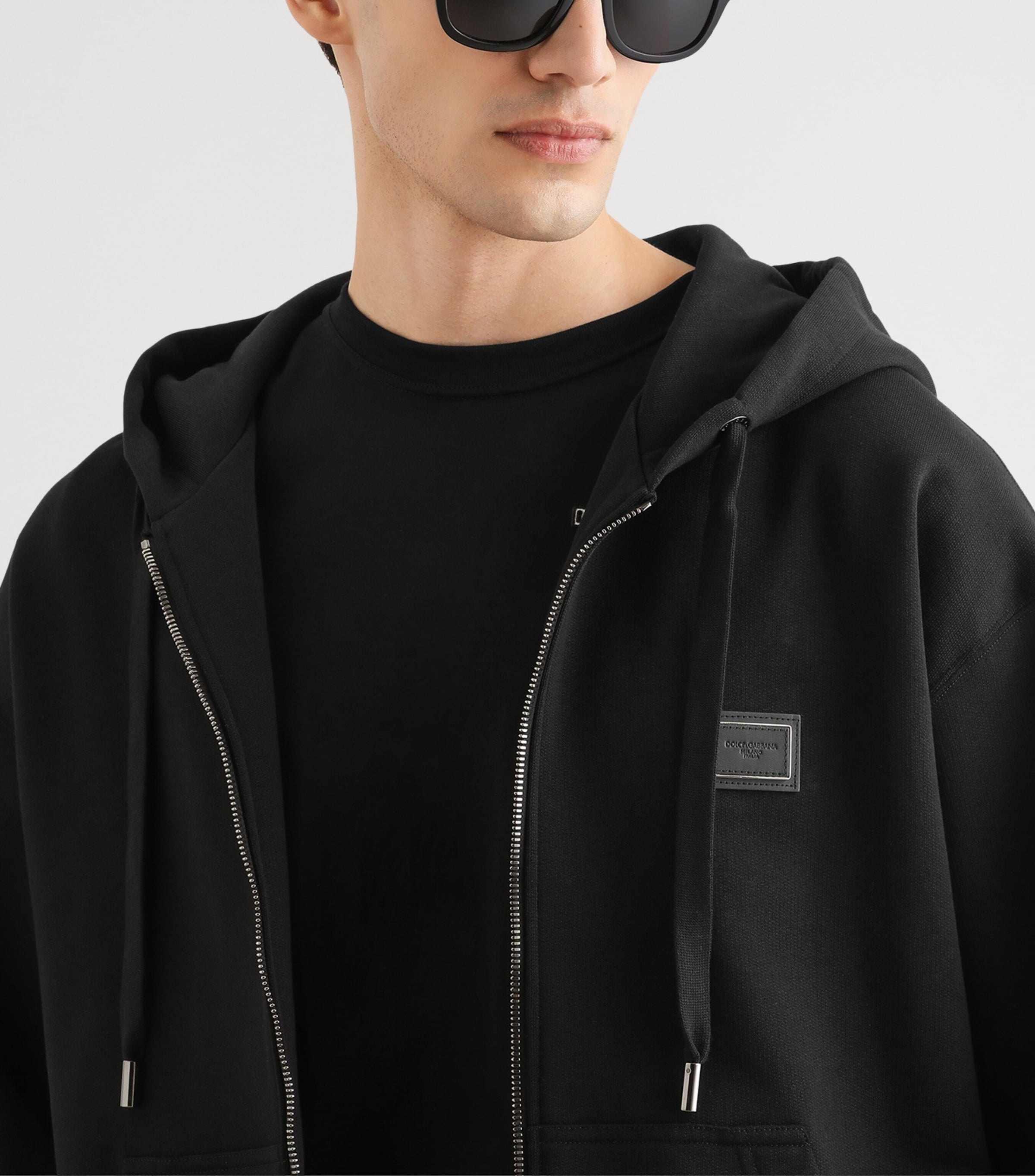 Dolce&Gabbana Mens Cotton Logo Patch Zip-Up Hoodie Black Image 4