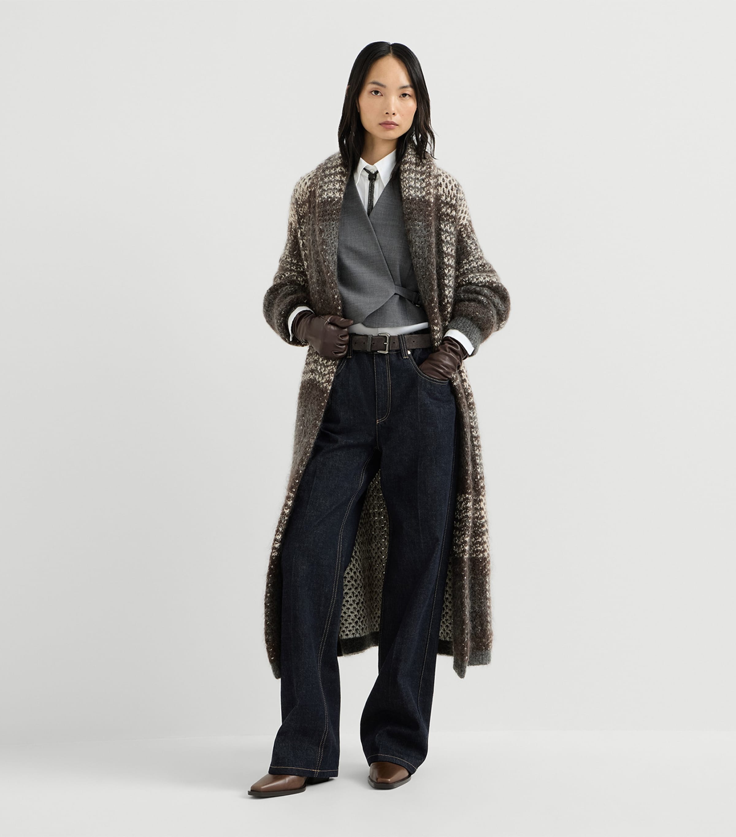 Brunello Cucinelli Womens Tartan Longline Coat Beige+grey Image 3