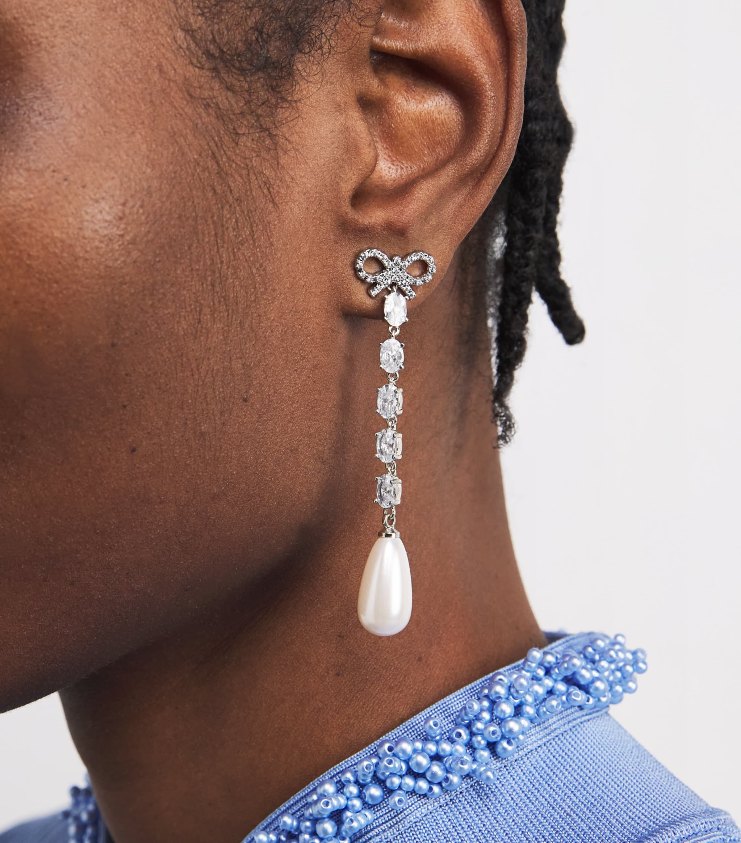 Crystal and Faux Pearl Bow Drop Earrings SILVER Image 2