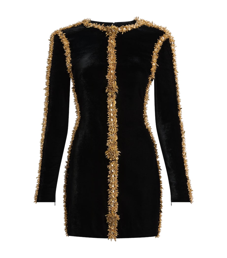 Balmain Womens Velvet Beaded-Trim Mini Dress Ead Noir Or Image 1