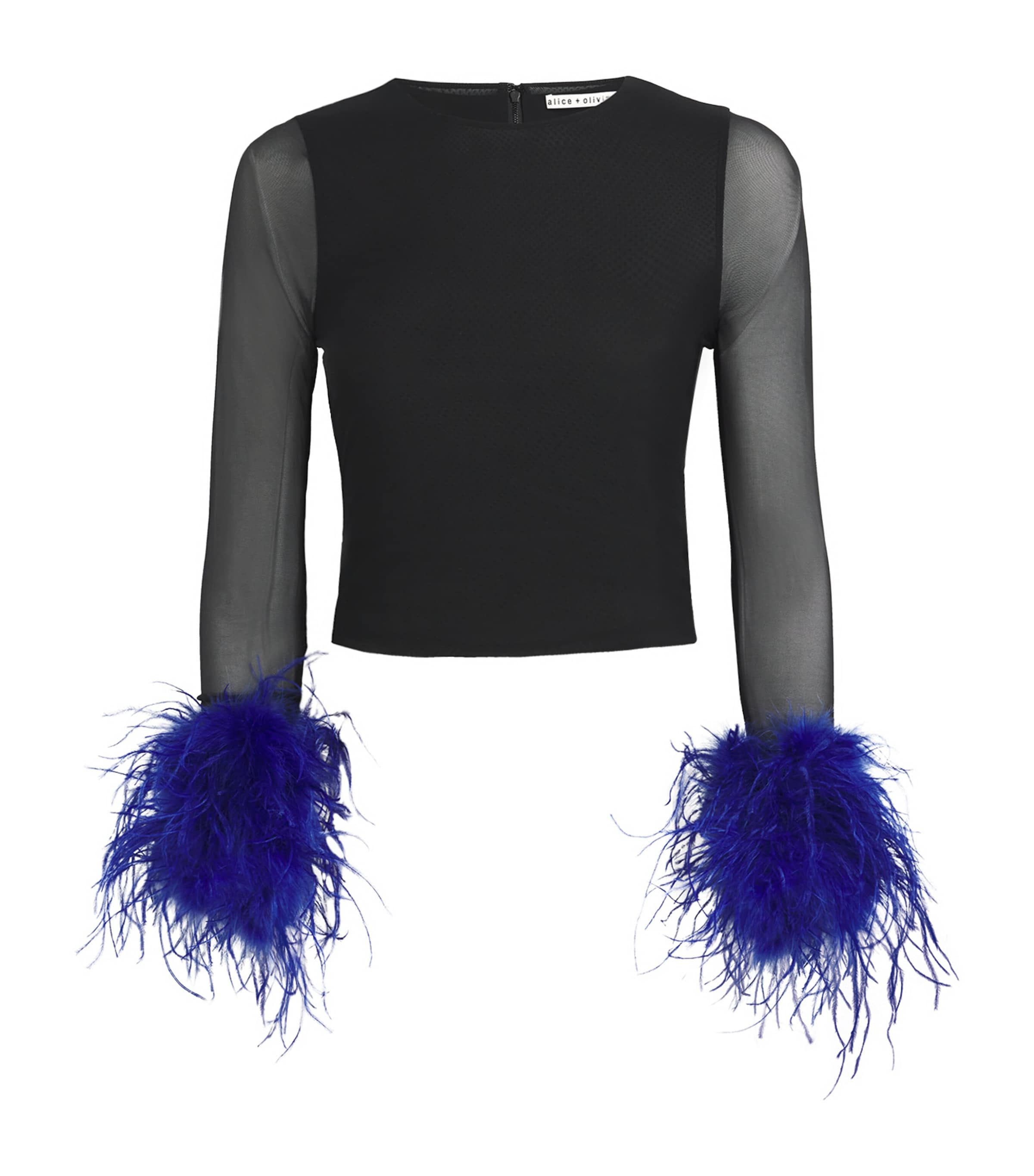 Alice And Olivia Delaina Mesh Feather Cuffed Long Sleeve Top In Black