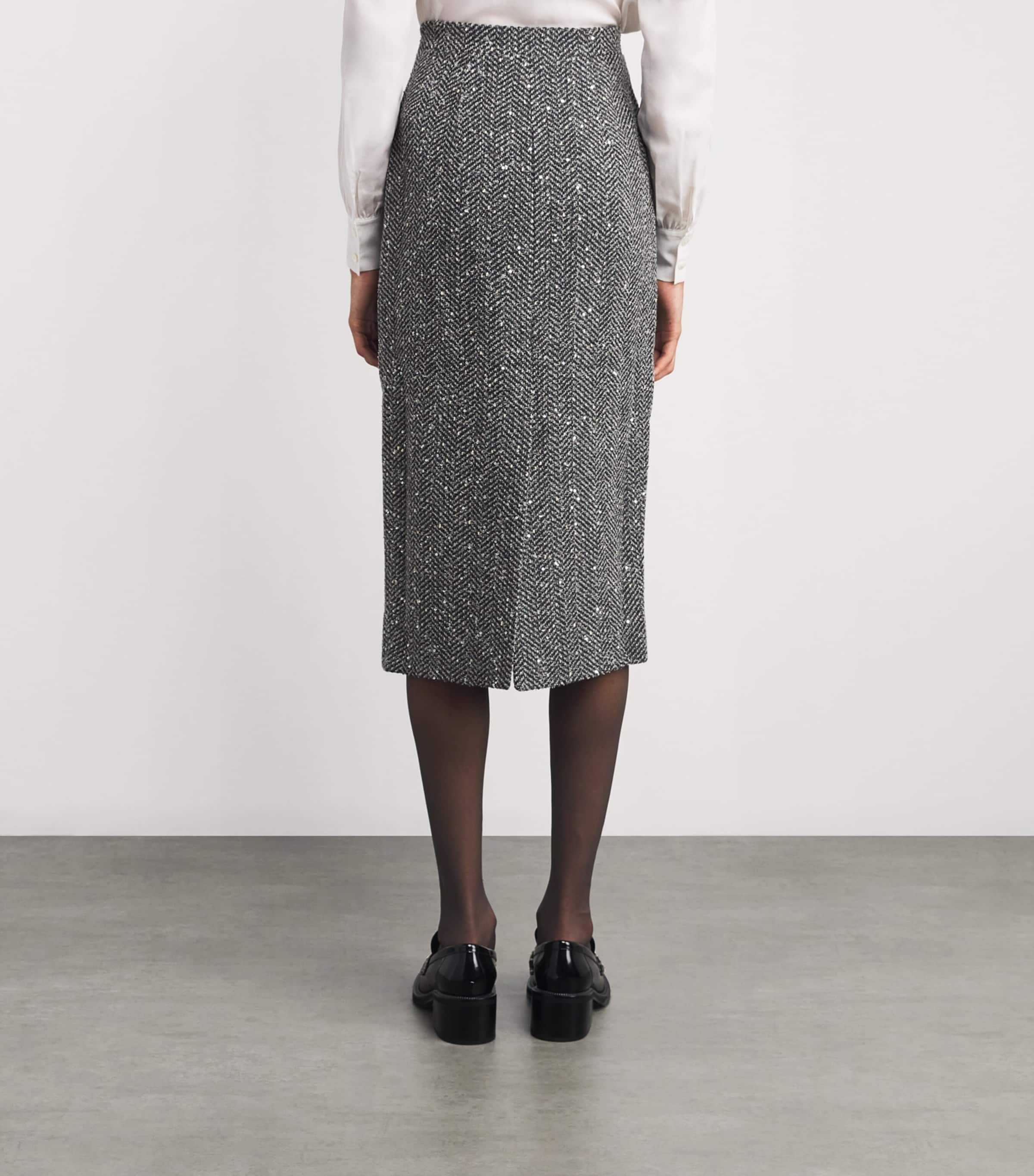 Alessandra Rich Grey Tweed Embellished Midi Pencil Skirt | Harrods US