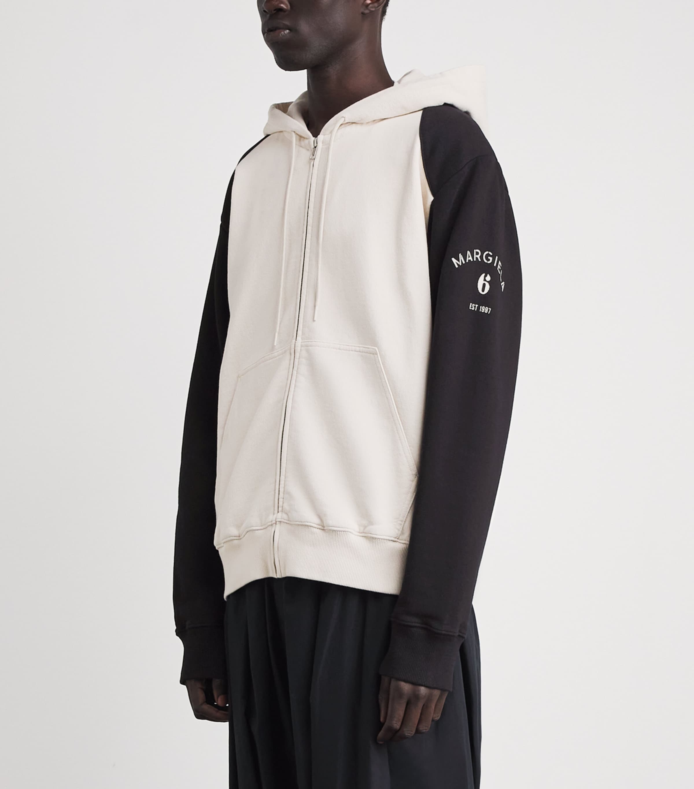 MM6 Maison Margiela Mens Cotton Two-Tone Zip-Up Hoodie Ecru/black Image 4