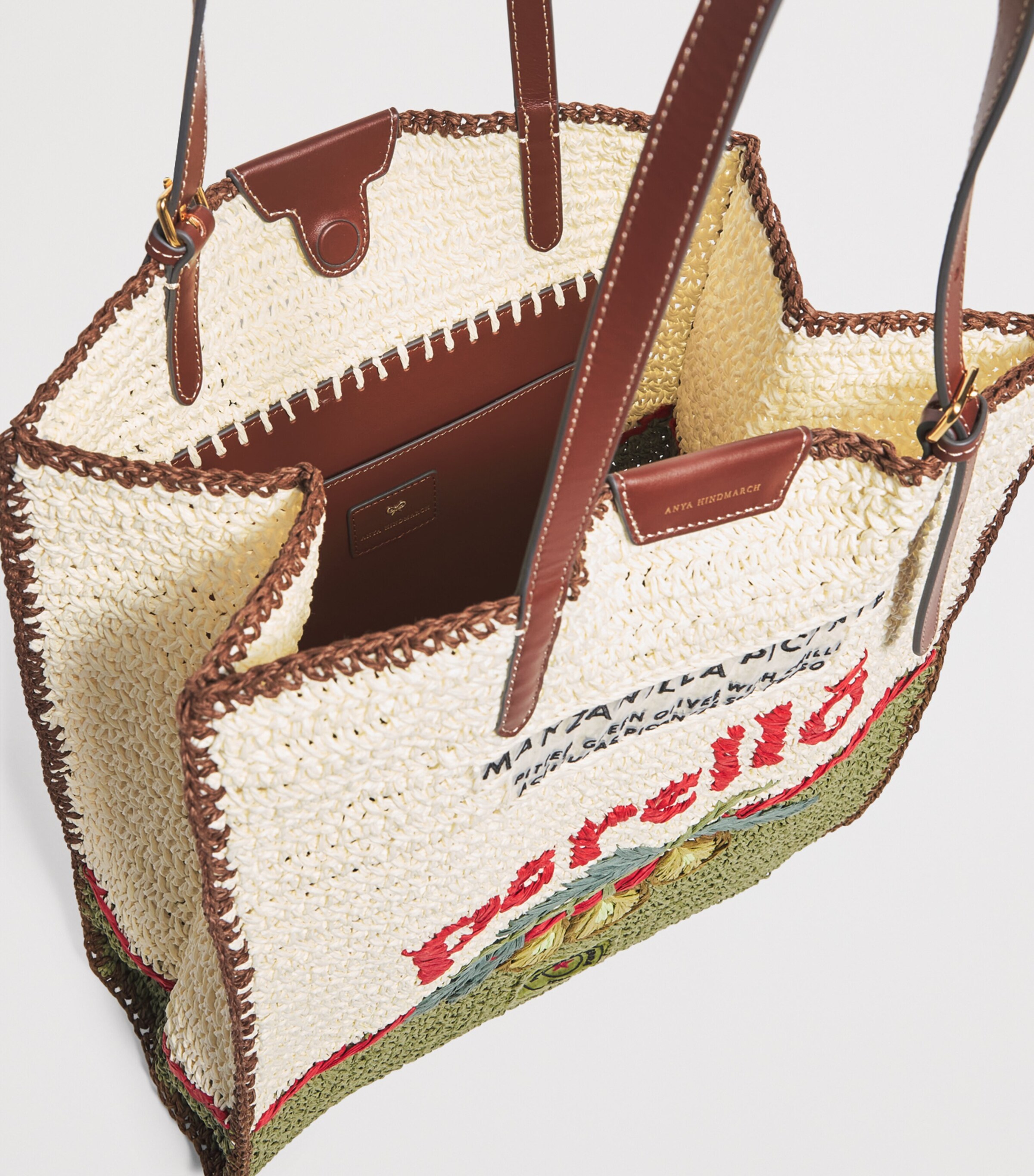 Anya Hindmarch Large Leather-Raffia Olives Tote Bag Chalk Paper Raffia Image 4