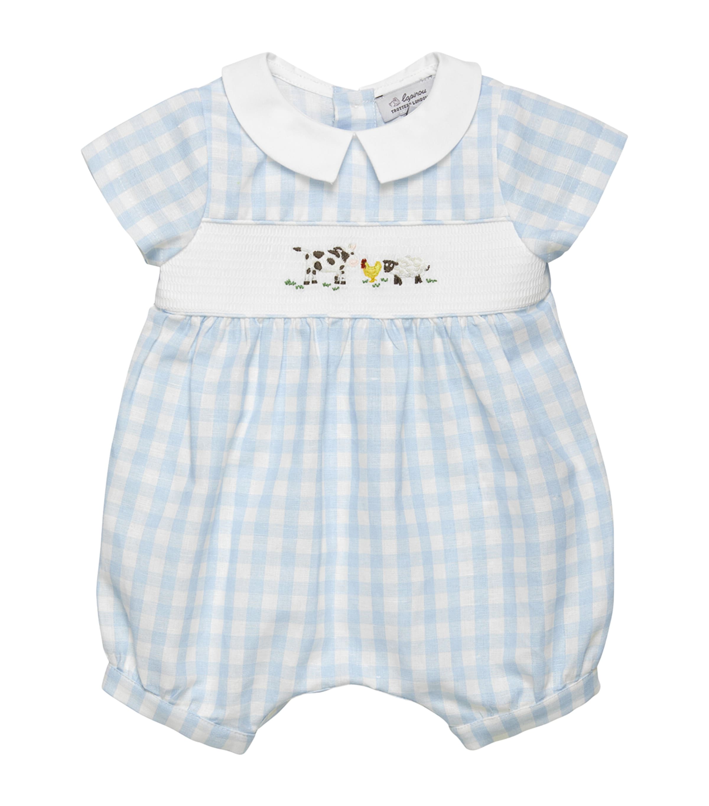 Trotters Linen-cotton Farmyard Romper In Blue