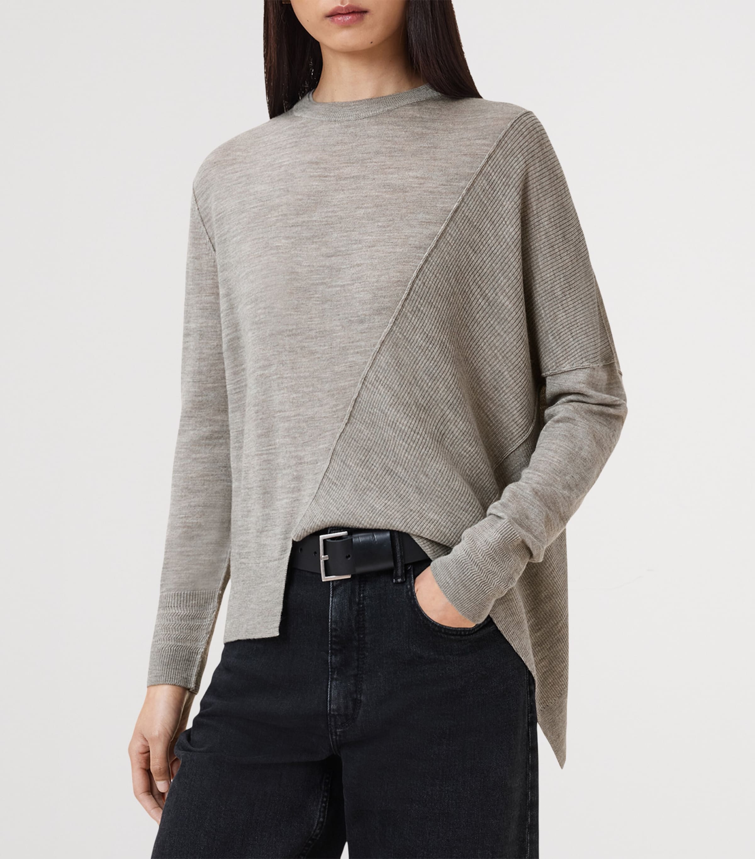 AllSaints Womens Wool Asymmetric Isla Sweater Sand Grey Image 4