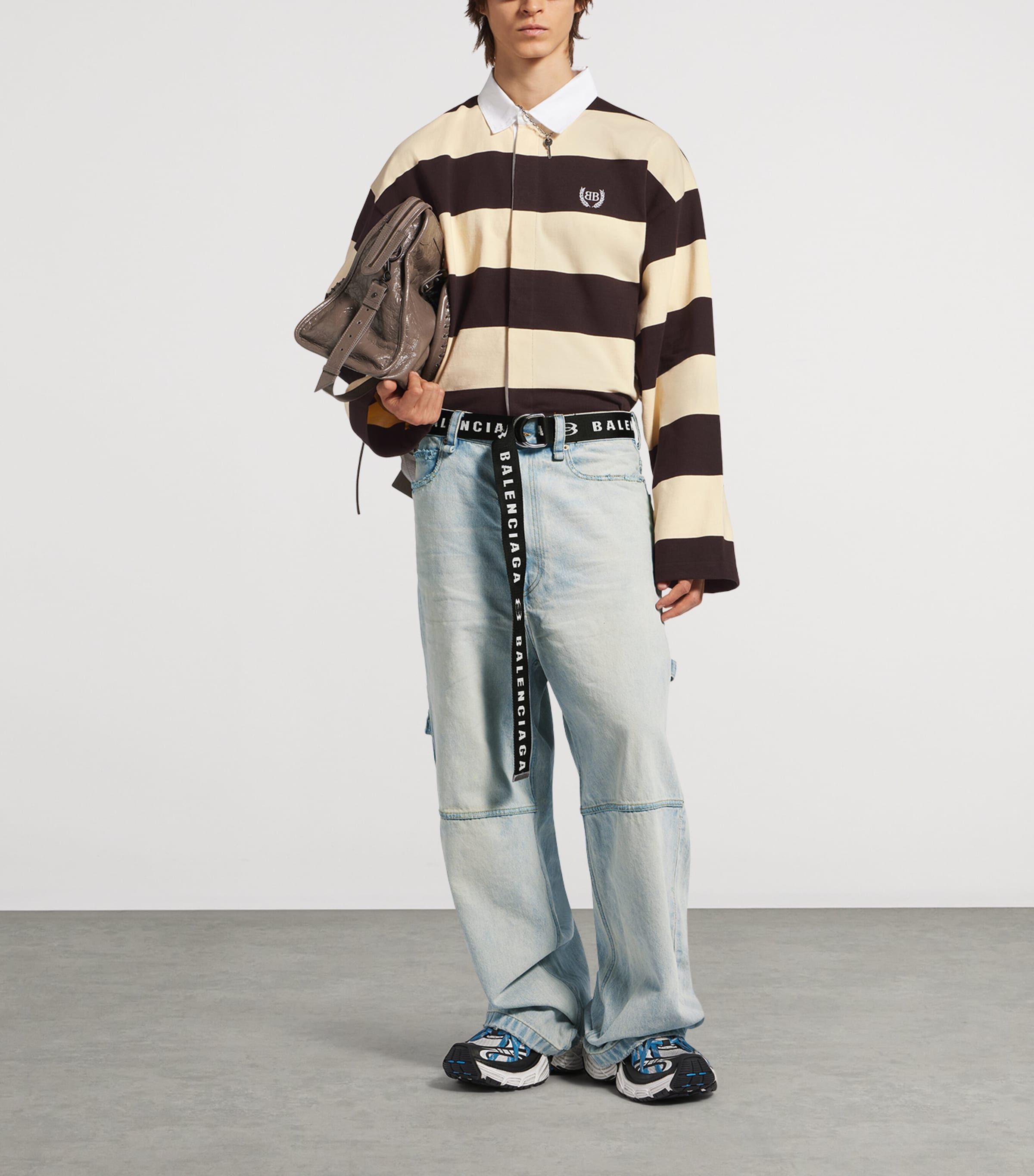 Balenciaga Mens Striped Long-Sleeve Polo Shirt Image 2