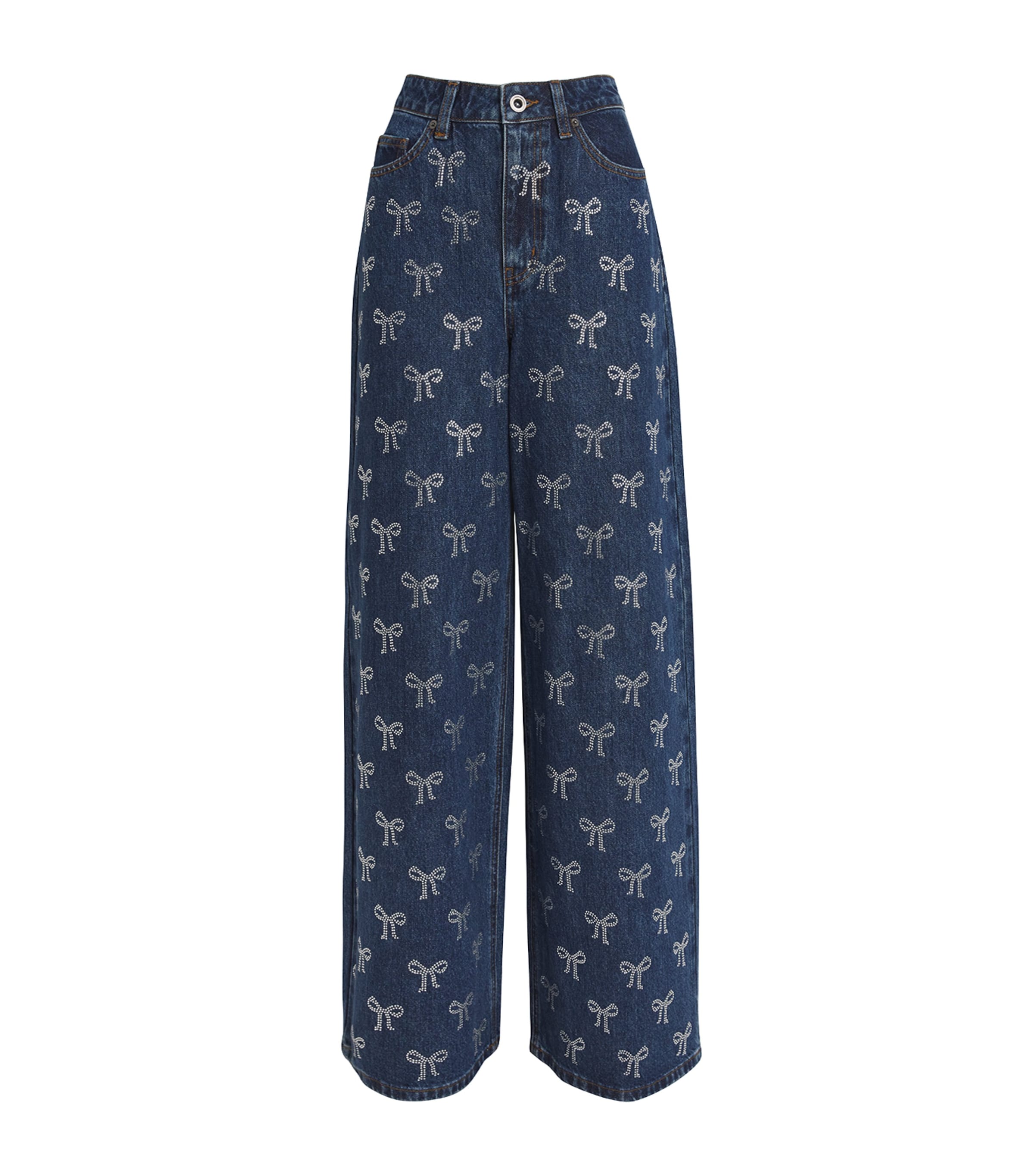 Shop Self-portrait Rhinestone-bow High-rise Wide-leg Jeans In Blue