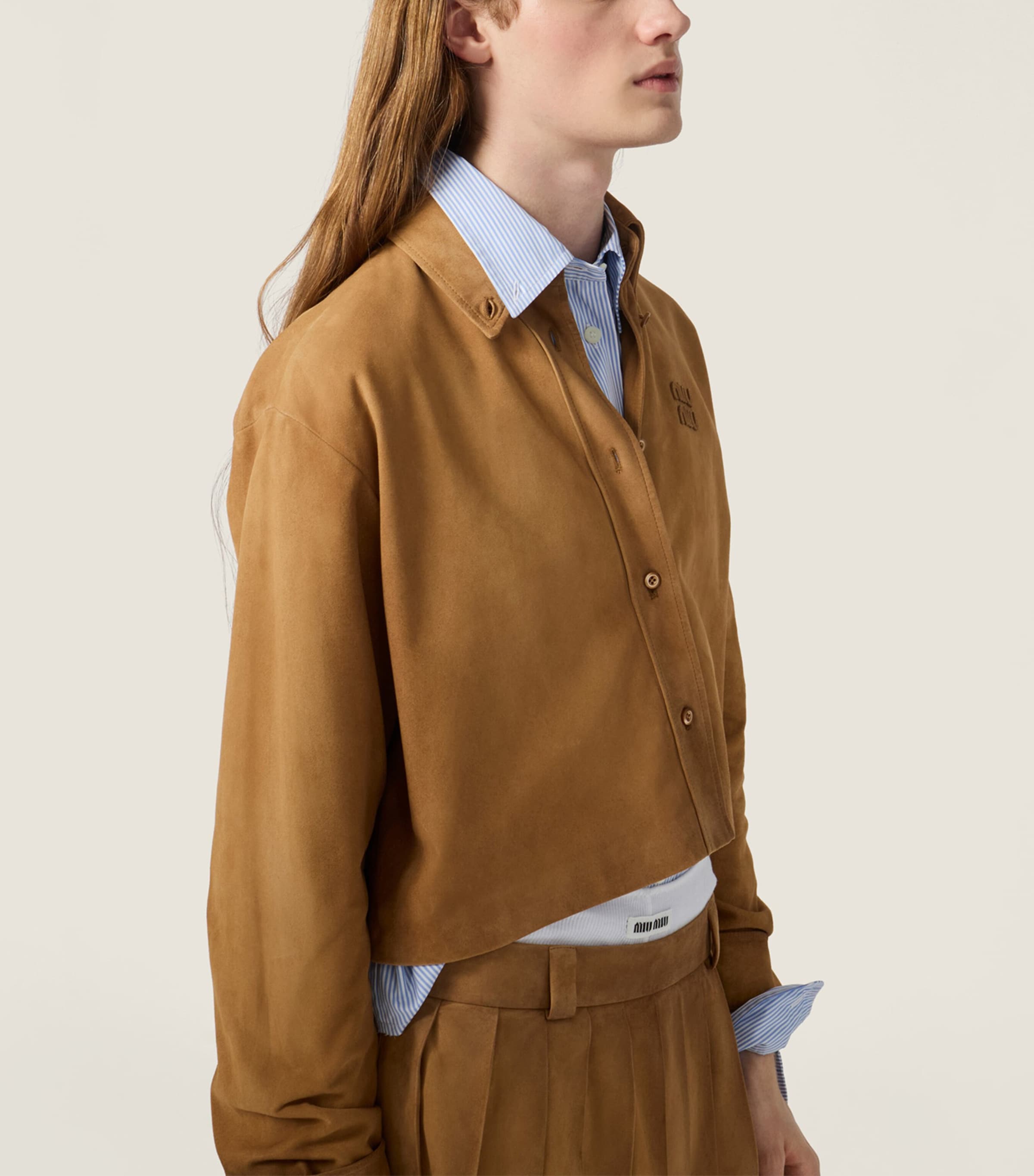 Miu Miu Womens Waxed Suede Cropped Shirt Neutral Image 5