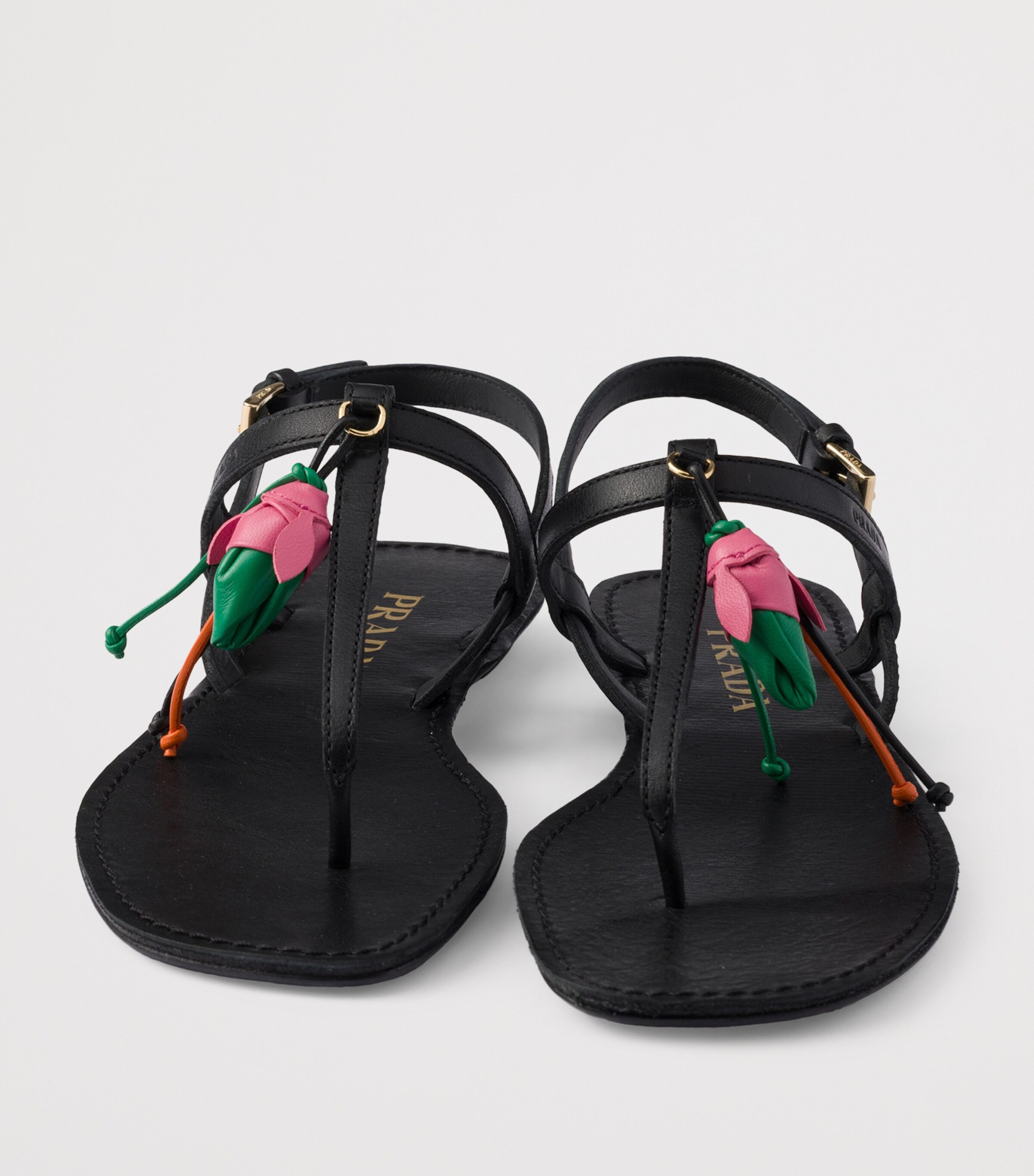 Prada Antiqued Leather Floral Thong Sandals Black Image 5
