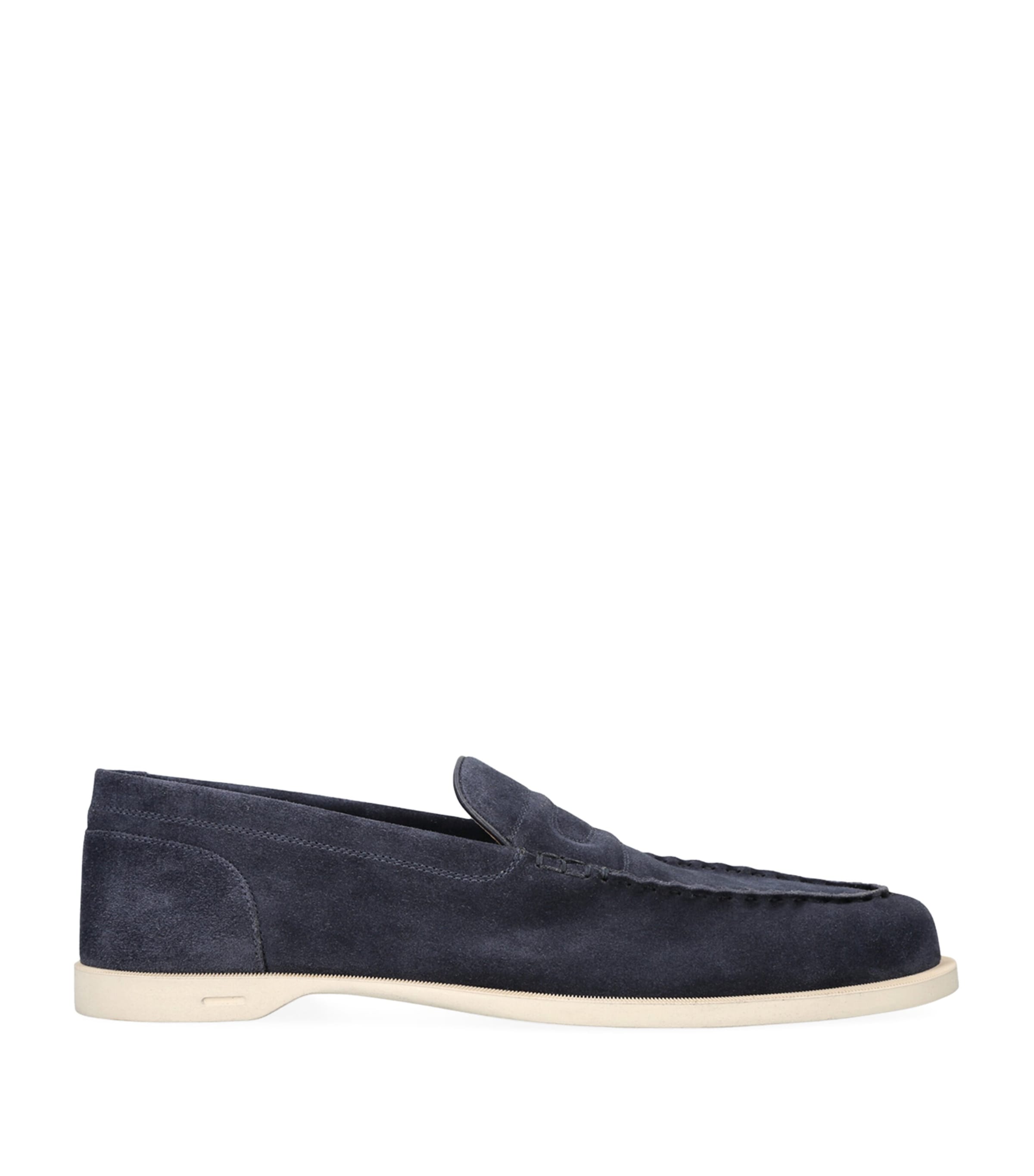 John Lobb Navy Blue Suede Pace Loafers In Navy