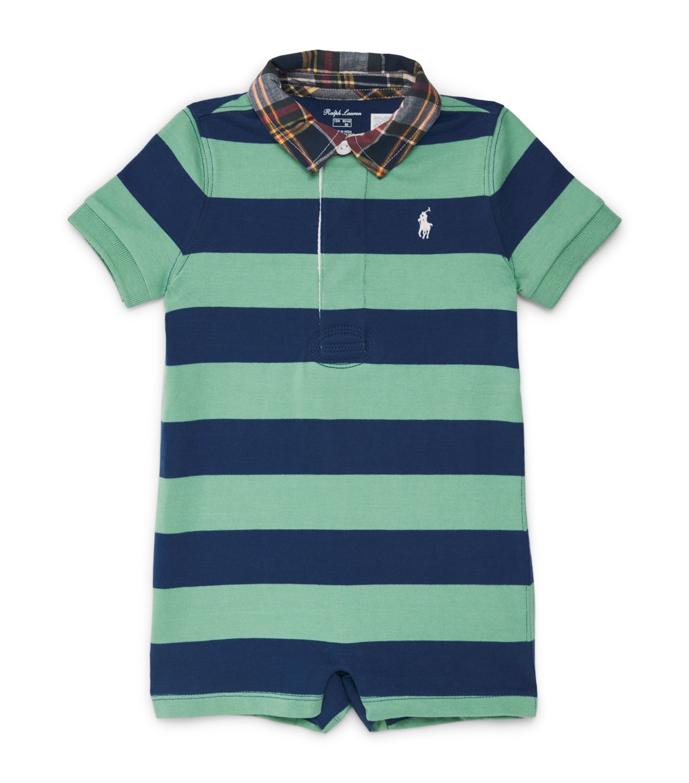 Ralph Lauren Kids Cotton Stripe Polo Playsuit (3-12 Months) Faded Mint/old Royal Image 1